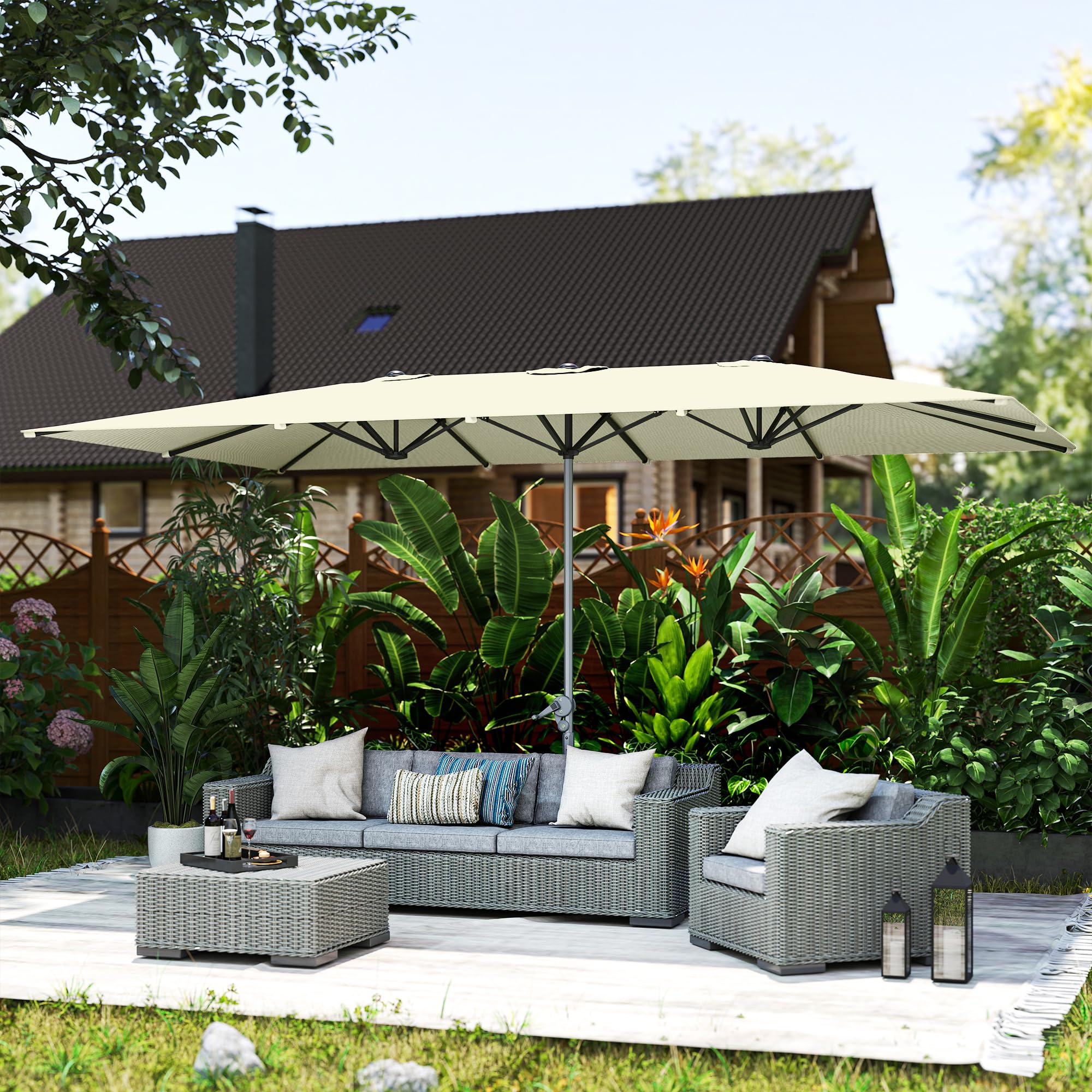 Outsunny Sombrilla Doble 4,5x2,6 m con Poste de Aluminio y Manivela Crema | Impermeable, Protección UV50+, Sombrilla Jardín Exterior, Parasol Grande para Playa Piscina Terraza