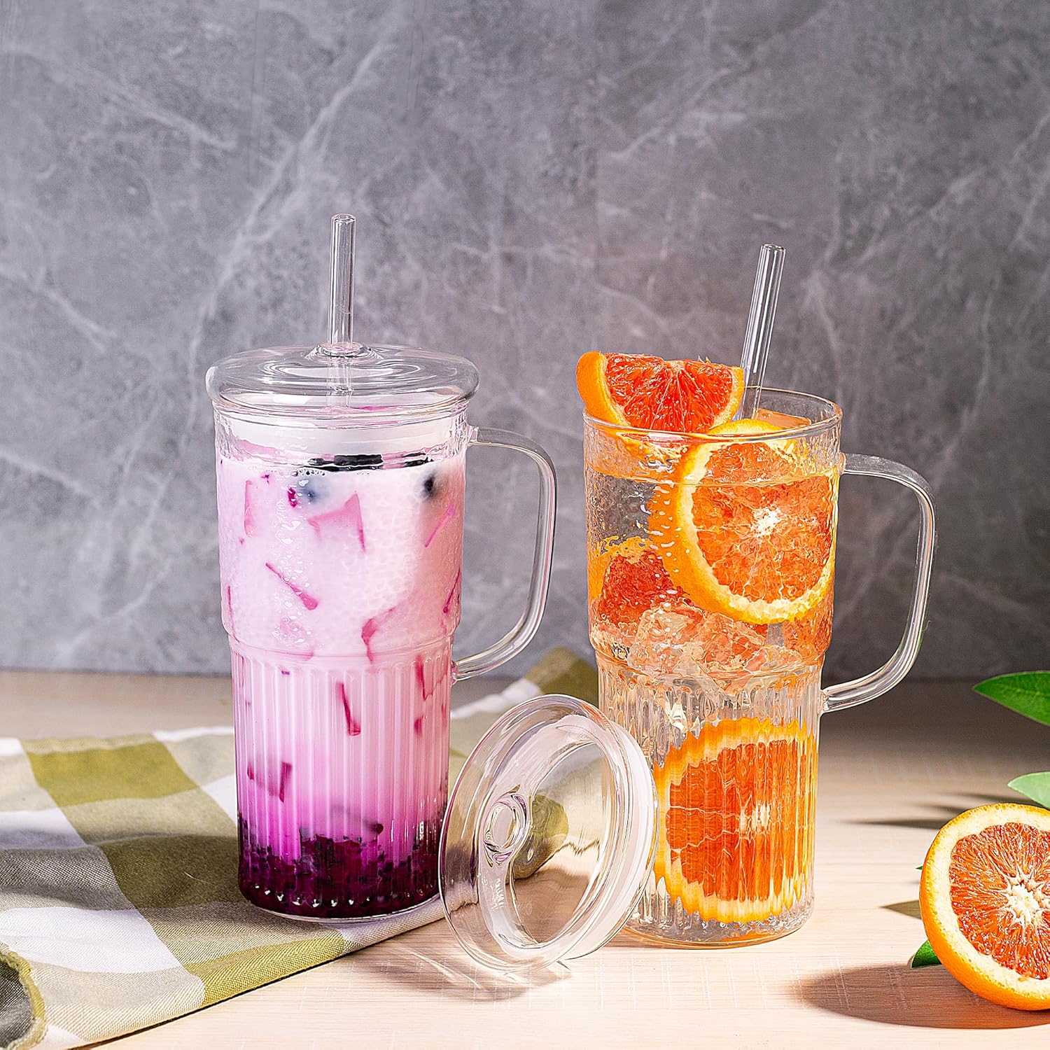 Glass Tumbler with Lids and Straws 2Pack 20oz Glass Cup with Handle-Wide Mouth Ice Coffee Cup Borosilicate Drinking Glasses for Smoothie Drinks - Image 6