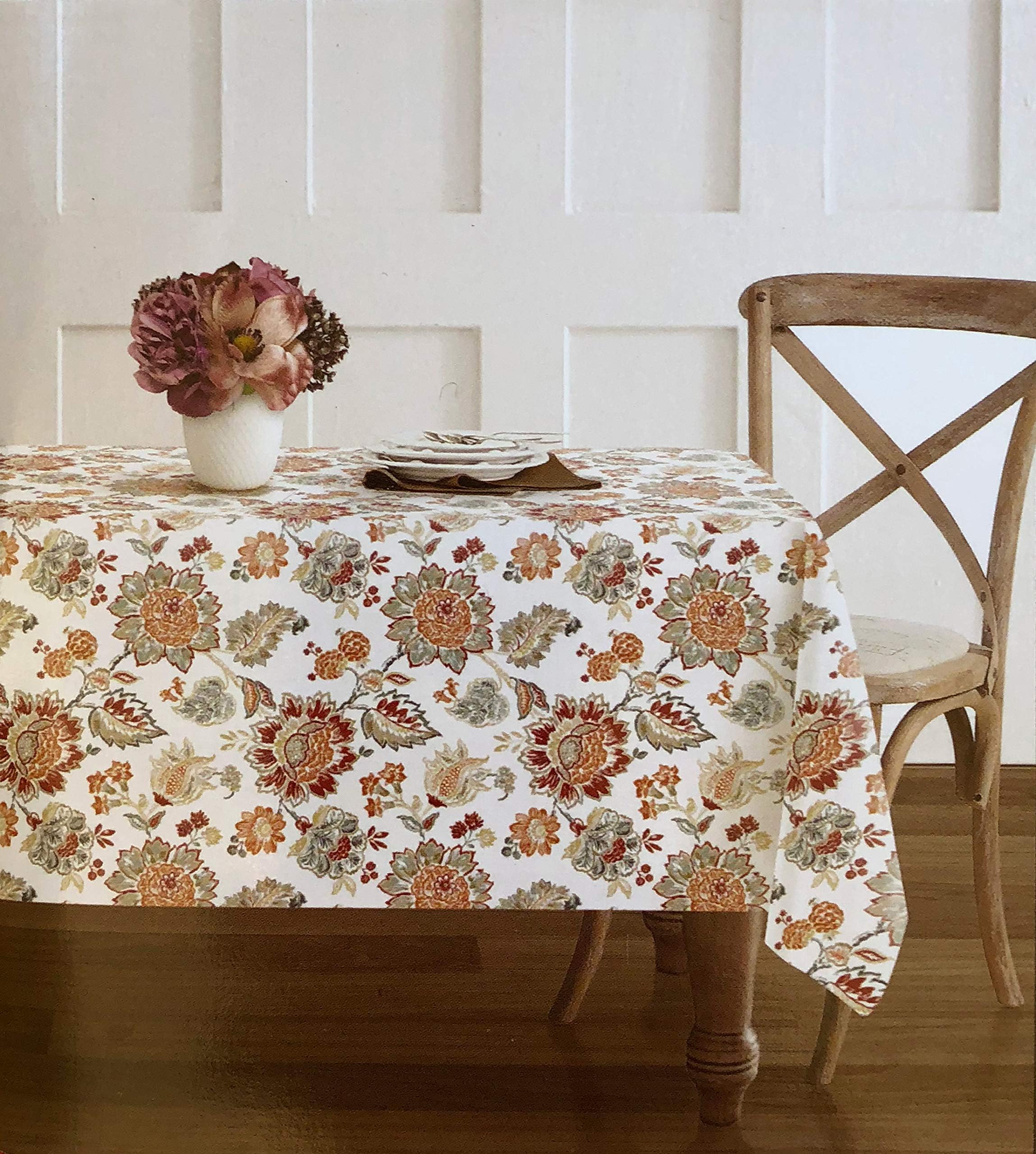 Envogue Fabric Tablecloth French Jacobean Floral Pattern in Autumn Colors Shades of Beige Taupe Blue Red Orange on White - 60 Inches by 120 Inches