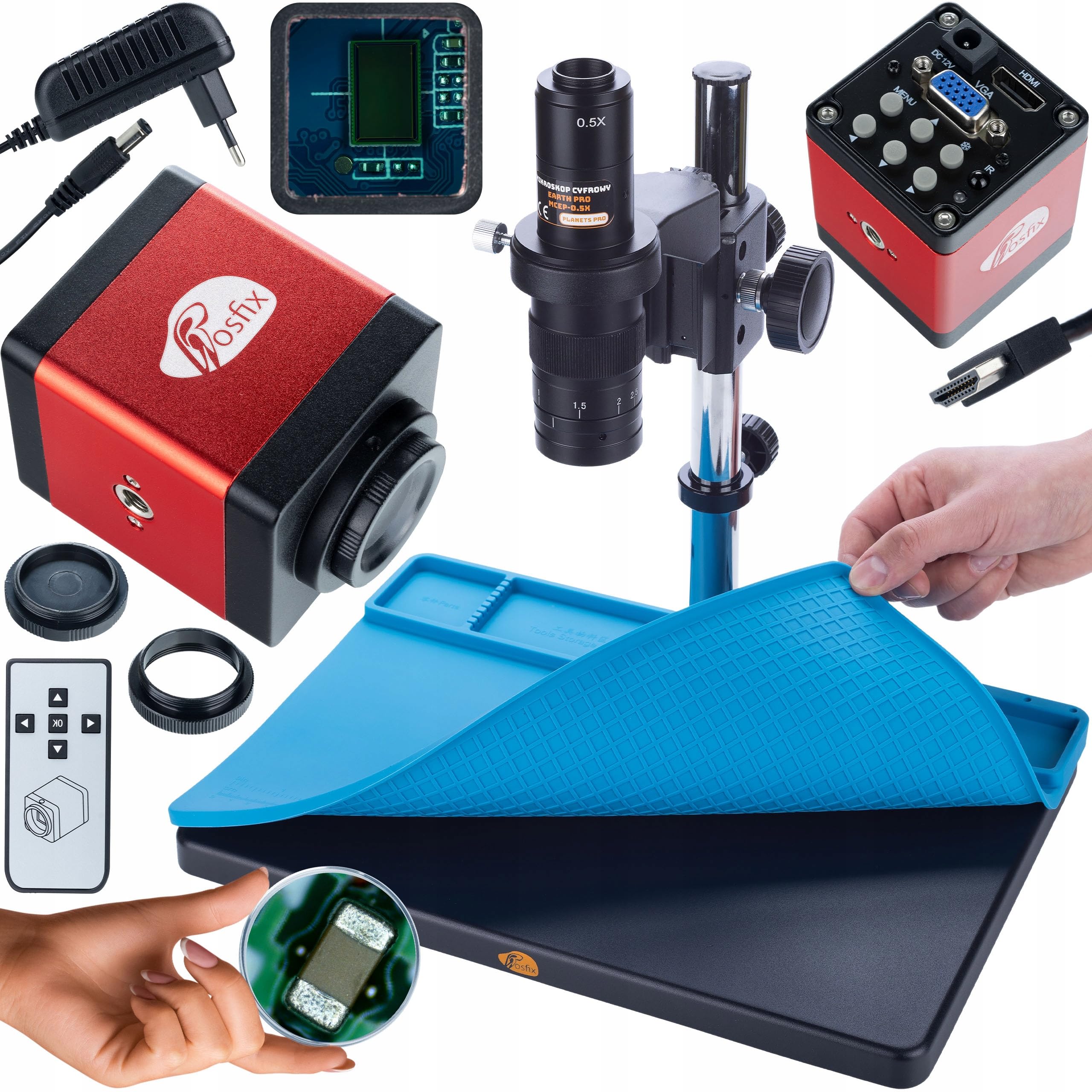 Rosfix Zestaw Earth Pro MCEP-0.5X – mikroskop cyfrowy z kamerą Draco RED PRO HDMI/VGA 2 MP i matą silikonową 380 × 260 mm | zoom 7-45× | C-Mount | zastosowania laboratoryjne i przemysłowe