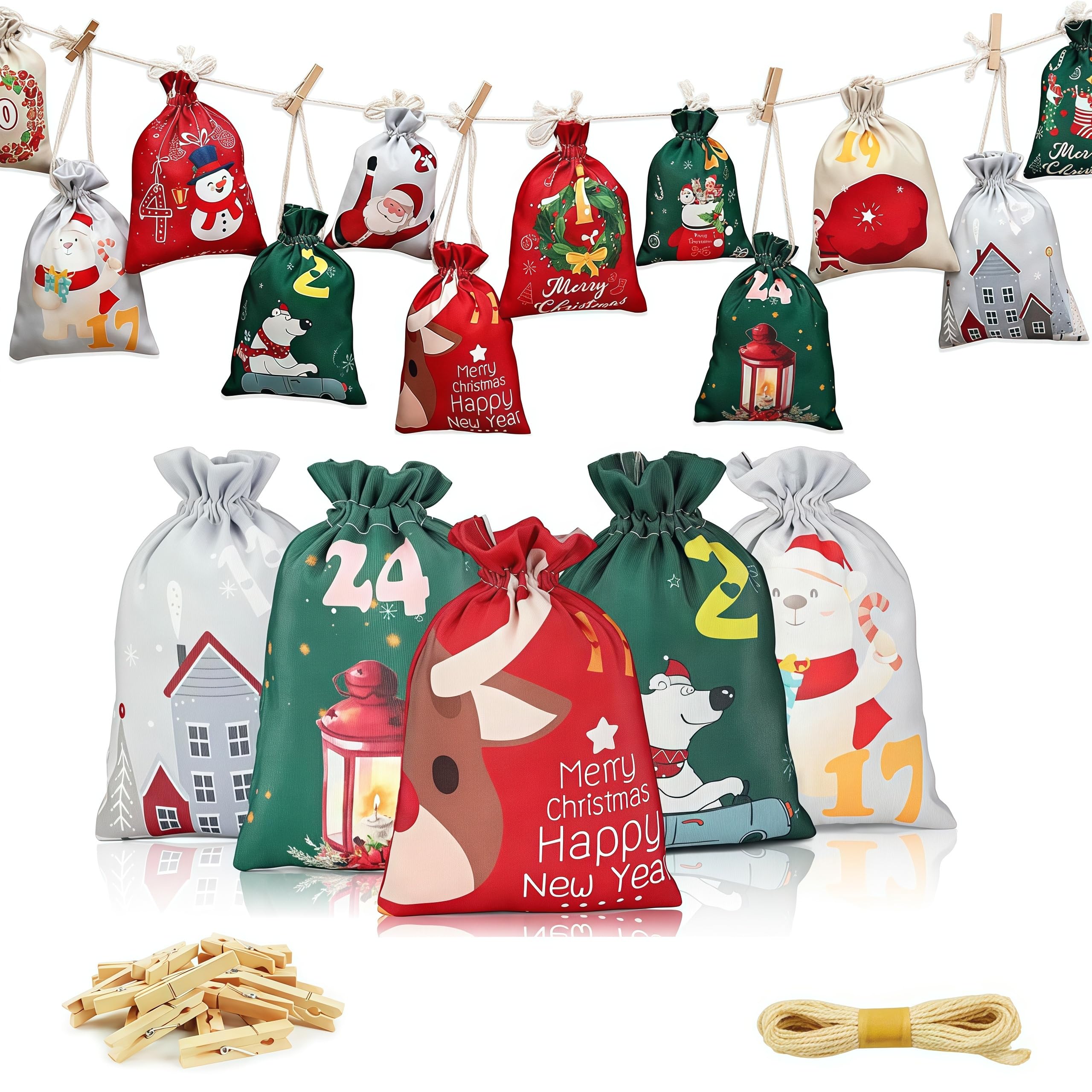 DIY Advent Calendar 2025,Christmas Empty Advent Calendar Bags to Fill Yourself,24Pcs Christmas Drawstring Gift Bags with Clips,Reusable Fabric Personalised Make Your Own Advent Calendar Kit for Kids
