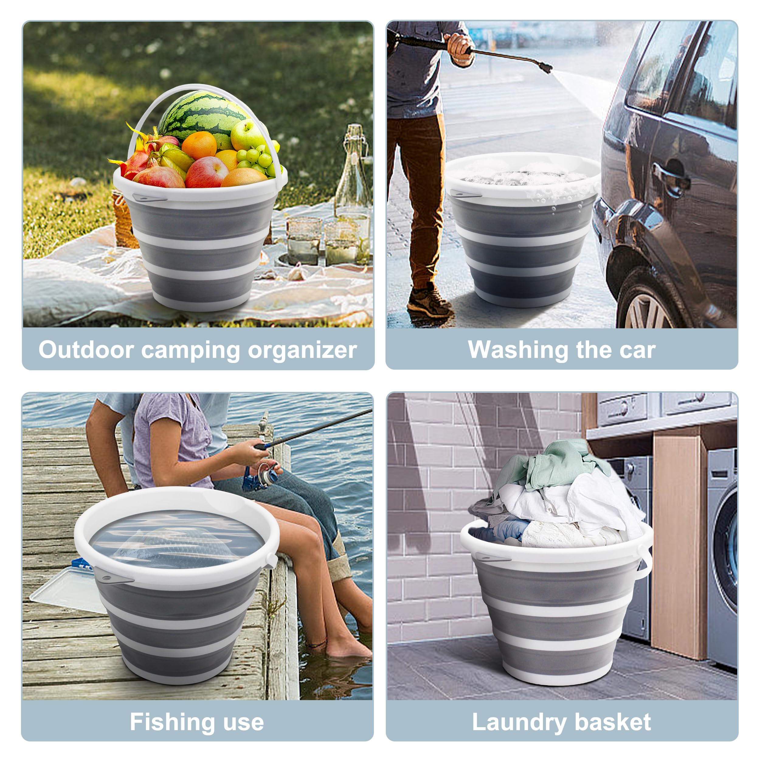 Secchio/secchio pieghevole per la pulizia, salvaspazio, portatile, pieghevole, in plastica, per giardino, spiaggia, autolavaggio, campeggio, pesca (grigio+blu, 10 l)