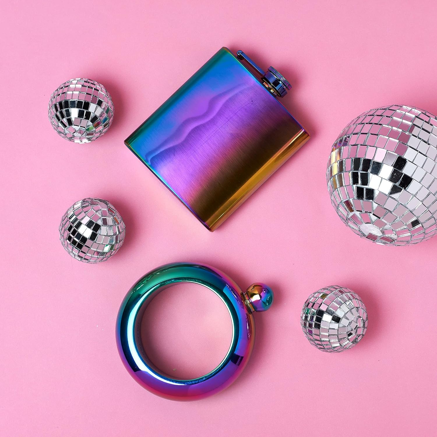 Blush Mirage Stainless Steel Metal Flask for Women, Drinking Flasks for Whiskey, Vodka, Tequila, Bachelorette Wedding Party, 6 oz, Set of 1 Iridescent