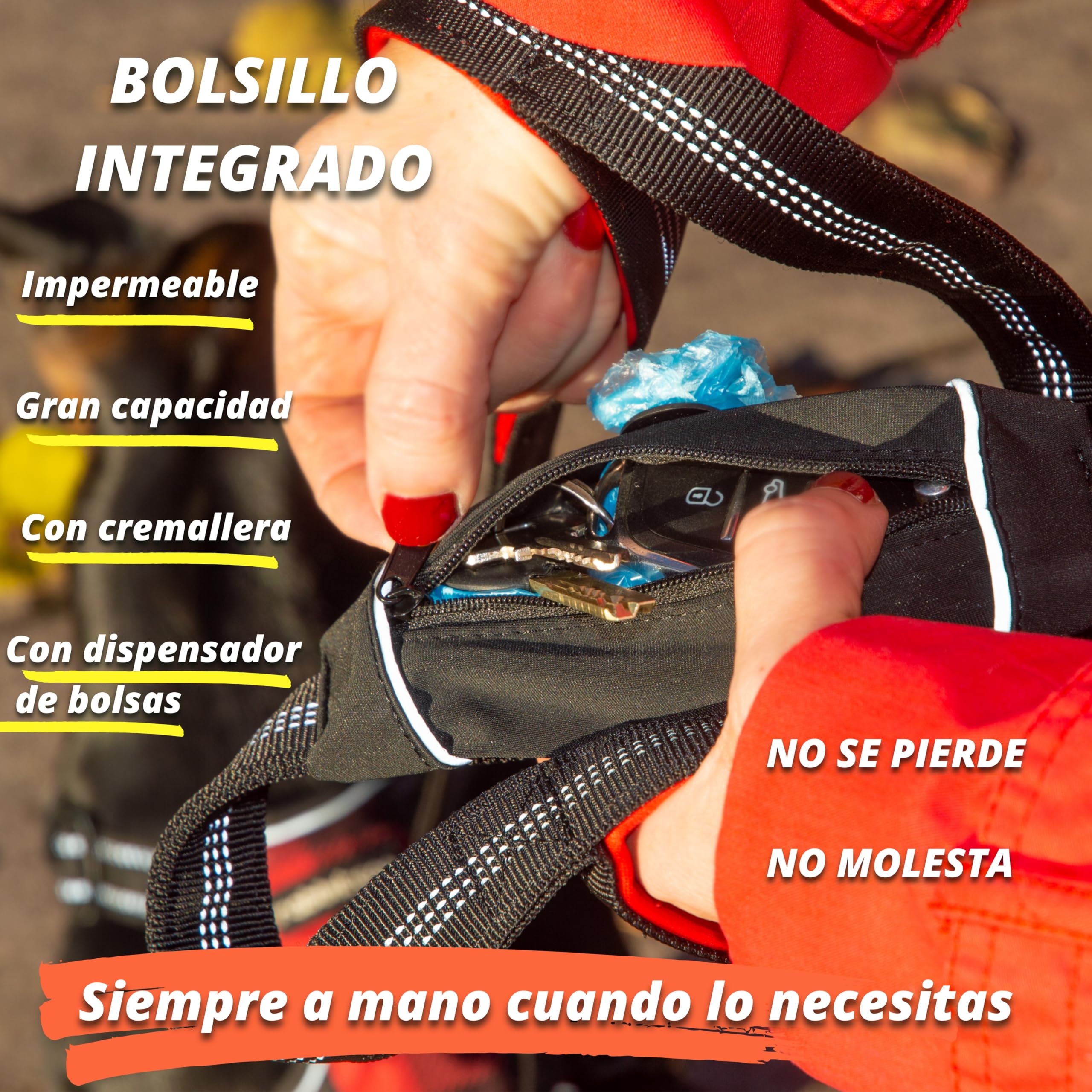 Correa para Perros Grandes y Fuertes 1,5 m | 3 Asas Acolchadas de Control | Mosquetón con Bloqueo + Giro 360º | Reflectante + Bolsillo Impermeable con Dispensador | Rojo