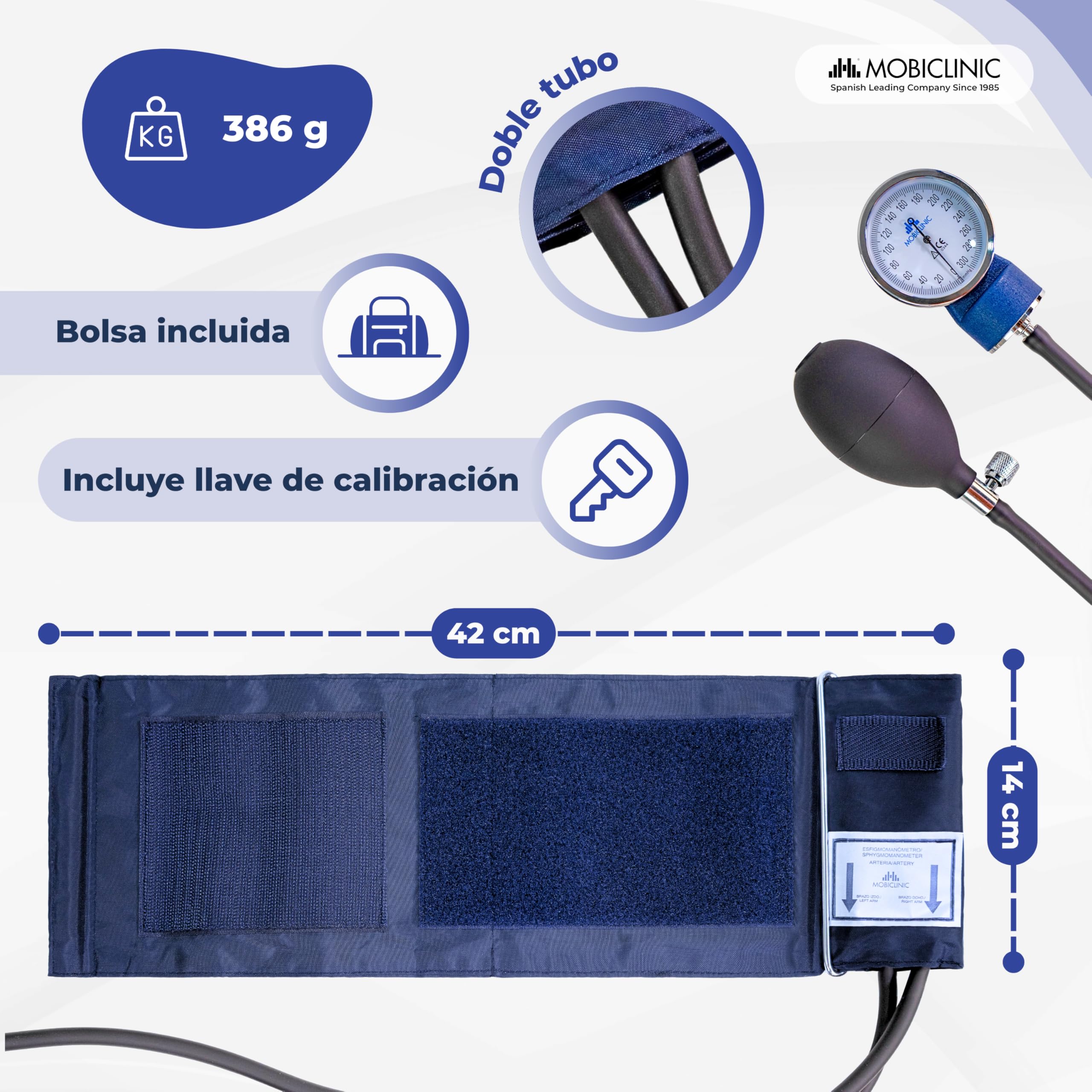 Mobiclinic, Tensiómetro de brazo, Doble salida, Incluye estuche, Medidor tensión aneroide, Medición presión arterial, Marca española, Precisión, Bomba goma, Ligero, Fácil usar, Azul