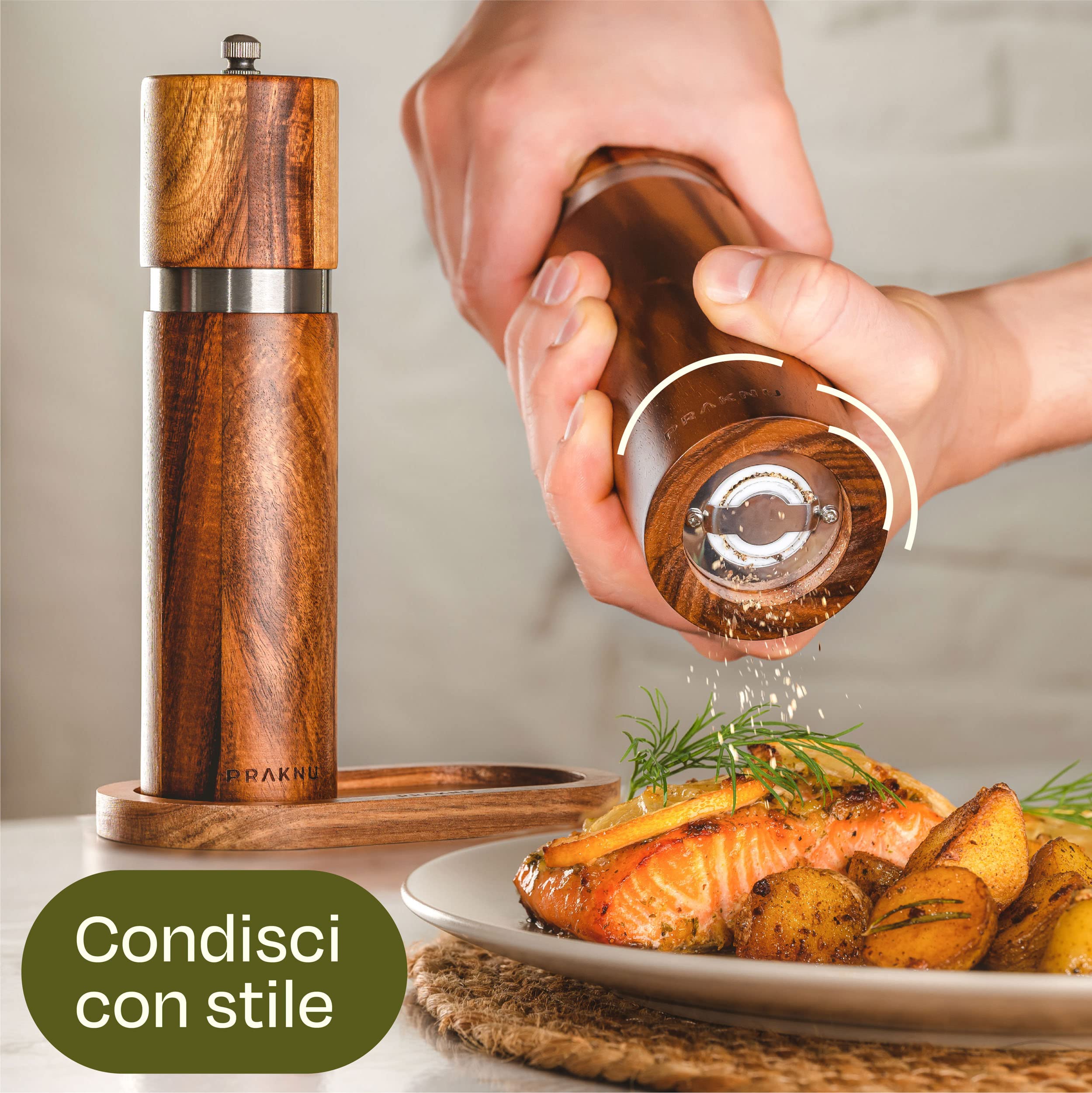 Set di Macinini per Sale e Pepe in Legno di Acacia - Con Protezione per il Tavolo - Legno FSC® Sostenibile - Meccanismo in Ceramica Durevole