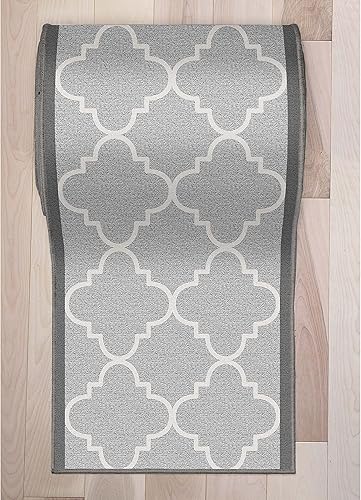 Miniatura 3 de Well Woven Alfombra de tamaño personalizado, 27 pulgadas de ancho x 17 pies de largo, alfombra geométrica de tejido plano Brooklyn Trellis gris