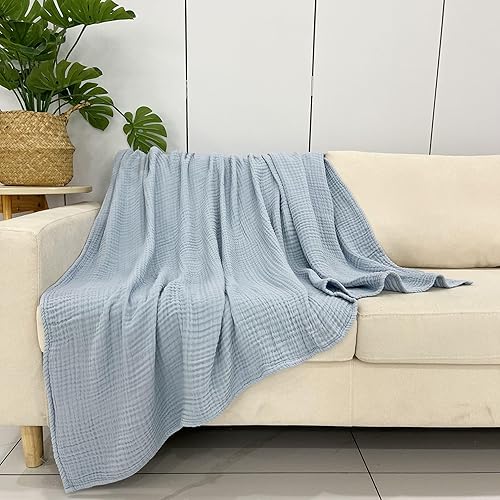 Miniatura 2 de DerF HOME Manta de muselina para sofá, 4 capas 100% algodón orgánico prelavada, transpirable, súper suave, acogedora manta fina ligera (azul claro,