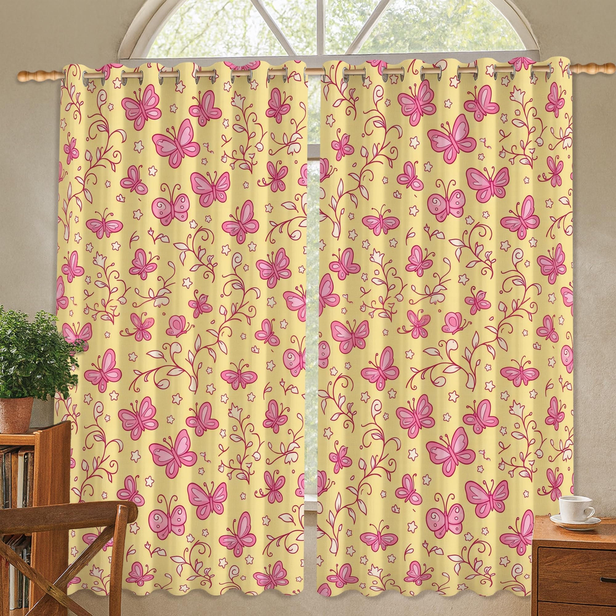 Rideaux occultants jaunes 106x114 cm à motifs fleurs et papillons pour chambre