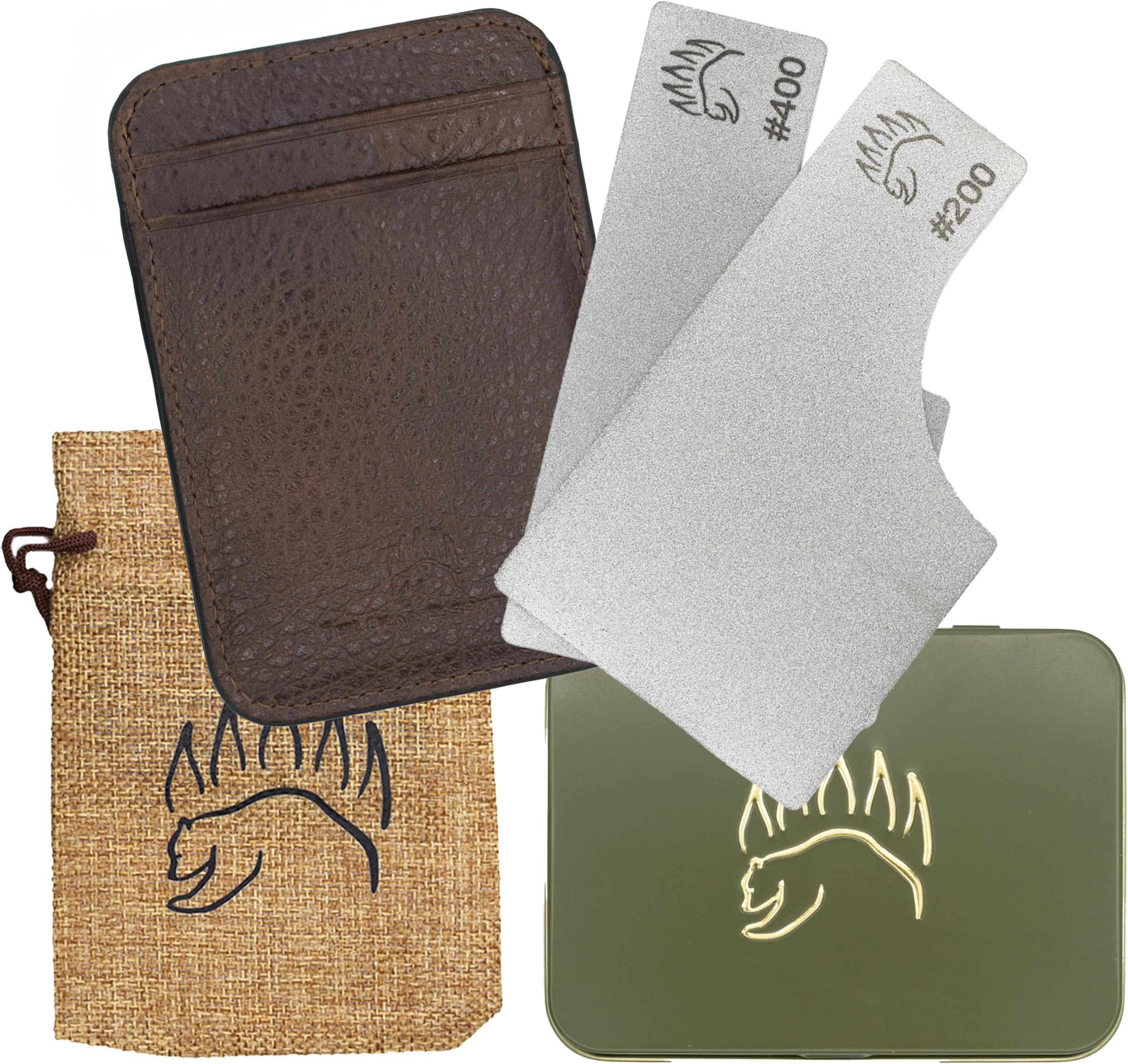 2X Dual Grit Diamond Sharpening Stone + Leather Wallet Strop | By The Bear Essentials | Pocket Credit-Card Sized Field Sharpener for Camping, Bushcraft, Outdoors, Survival, EDC - Light Brown