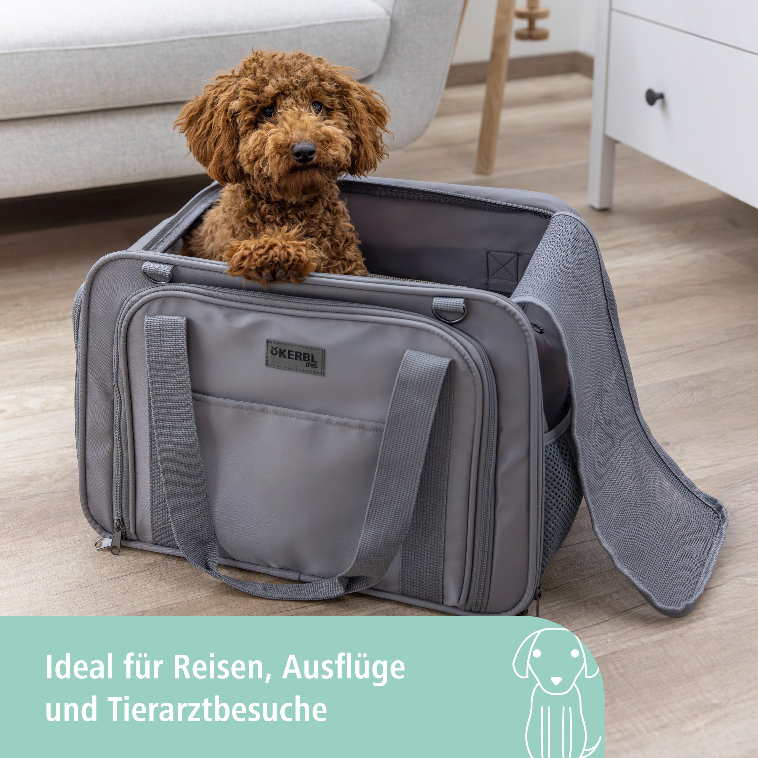 Kerbl Pet Tragetasche Vacation, Transporttasche, Transportbox, grau, 40 x 30 x 27 cm, für kleine Hunde und Katzen bis 15 kg, flugtauglich, Netz-Erweiterung, waschbar, Nylon-Gewebe