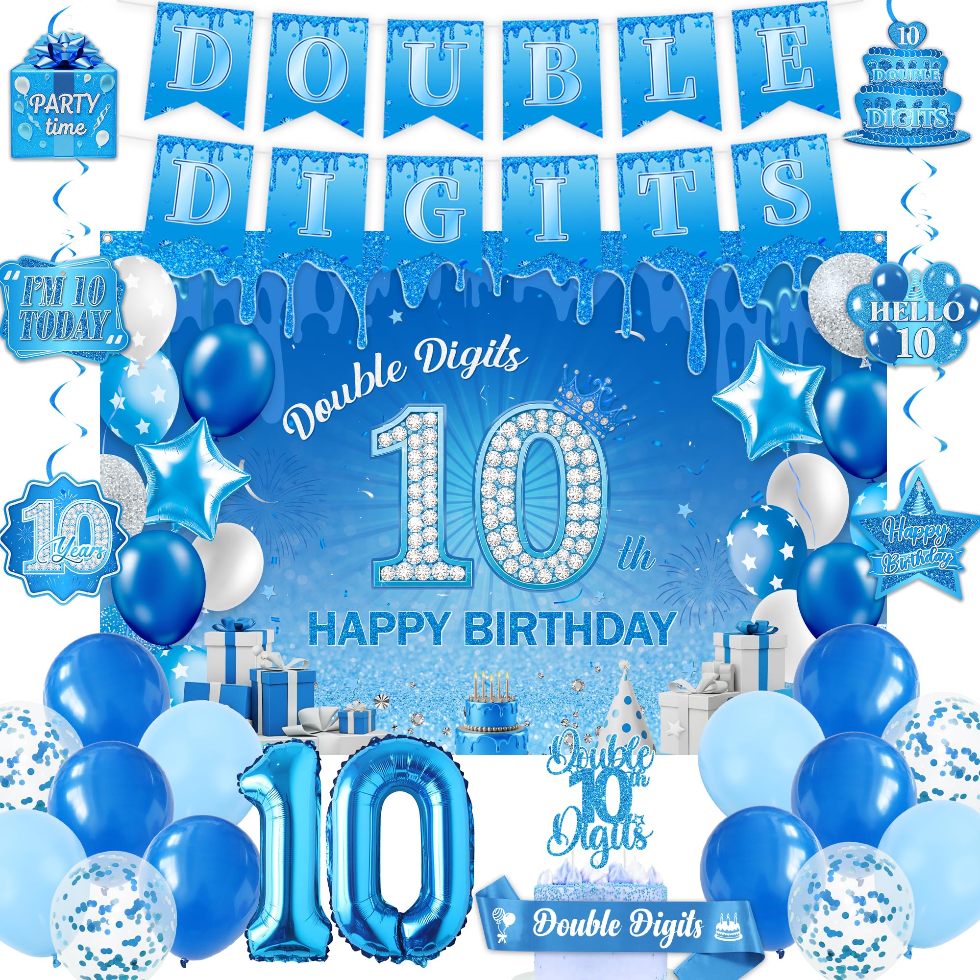 Double Digits 10th Birthday Decorations - Blue Happy 10th Birthday Backdrop Banner Balloons, Cake Topper Sash and Hanging Swirls for Boys 10 Year Old Party