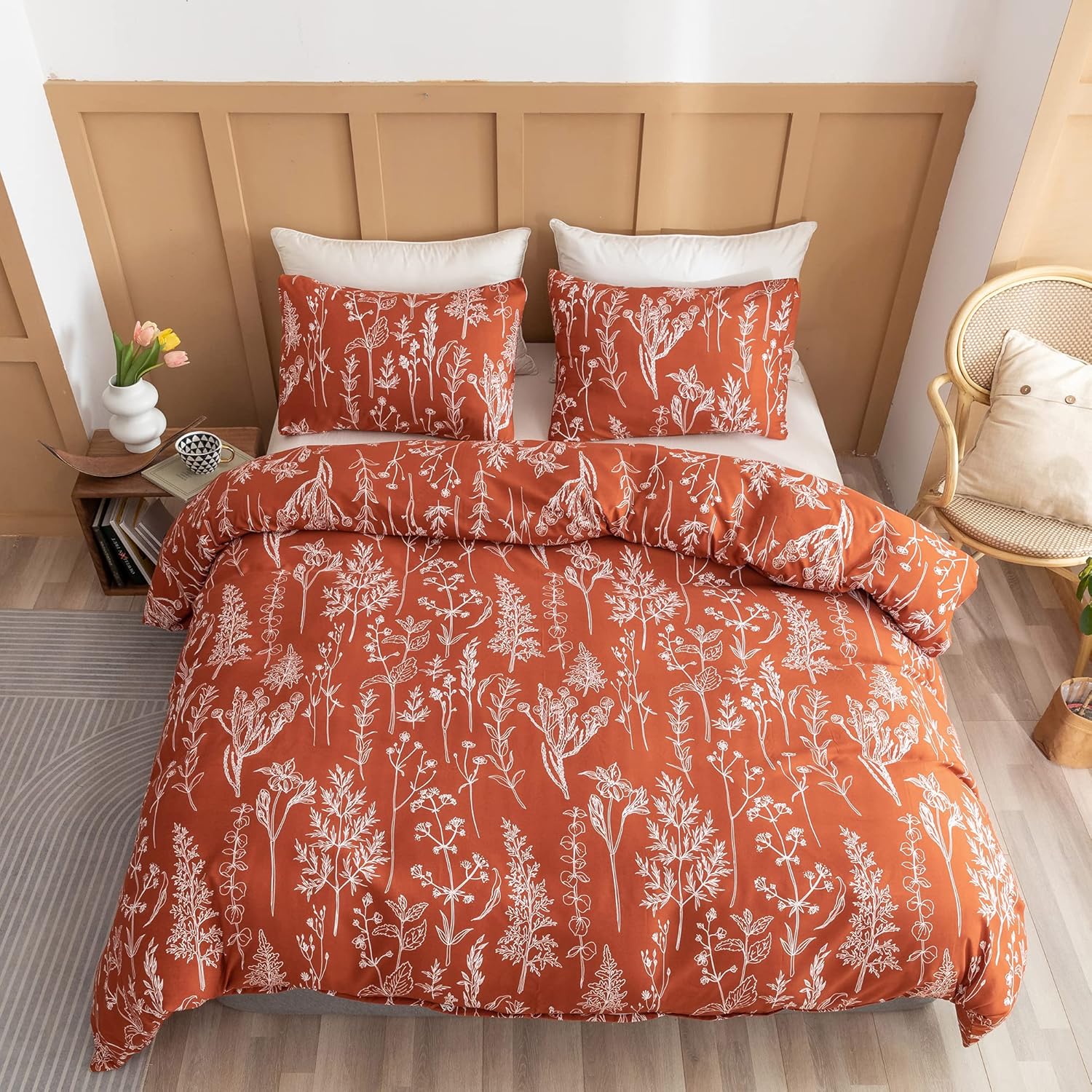Janzaa Queen Comforter Set Terracotta Comforter,3 PCS Bedding Sets Floral Comforter Set Plant Flowers Printed on Lightweight Comforter for All Season : Home & Kitchen