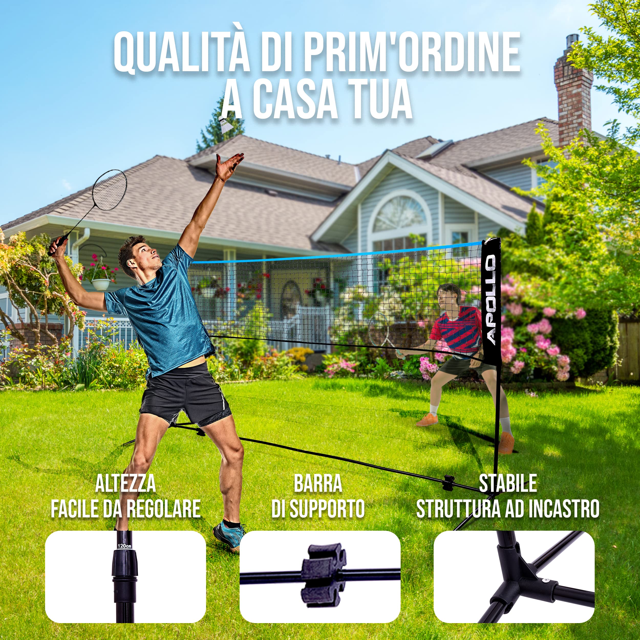 Apollo Rete Badminton, Rete Pallavolo | 300 cm | 400 cm | 500 cm | Badminton Set con Rete Regolabile su 3 Altezze, 3 Palline da Badminton, Telaio in Ferro, Borsa di Trasporto, Per Interni ed Esterni
