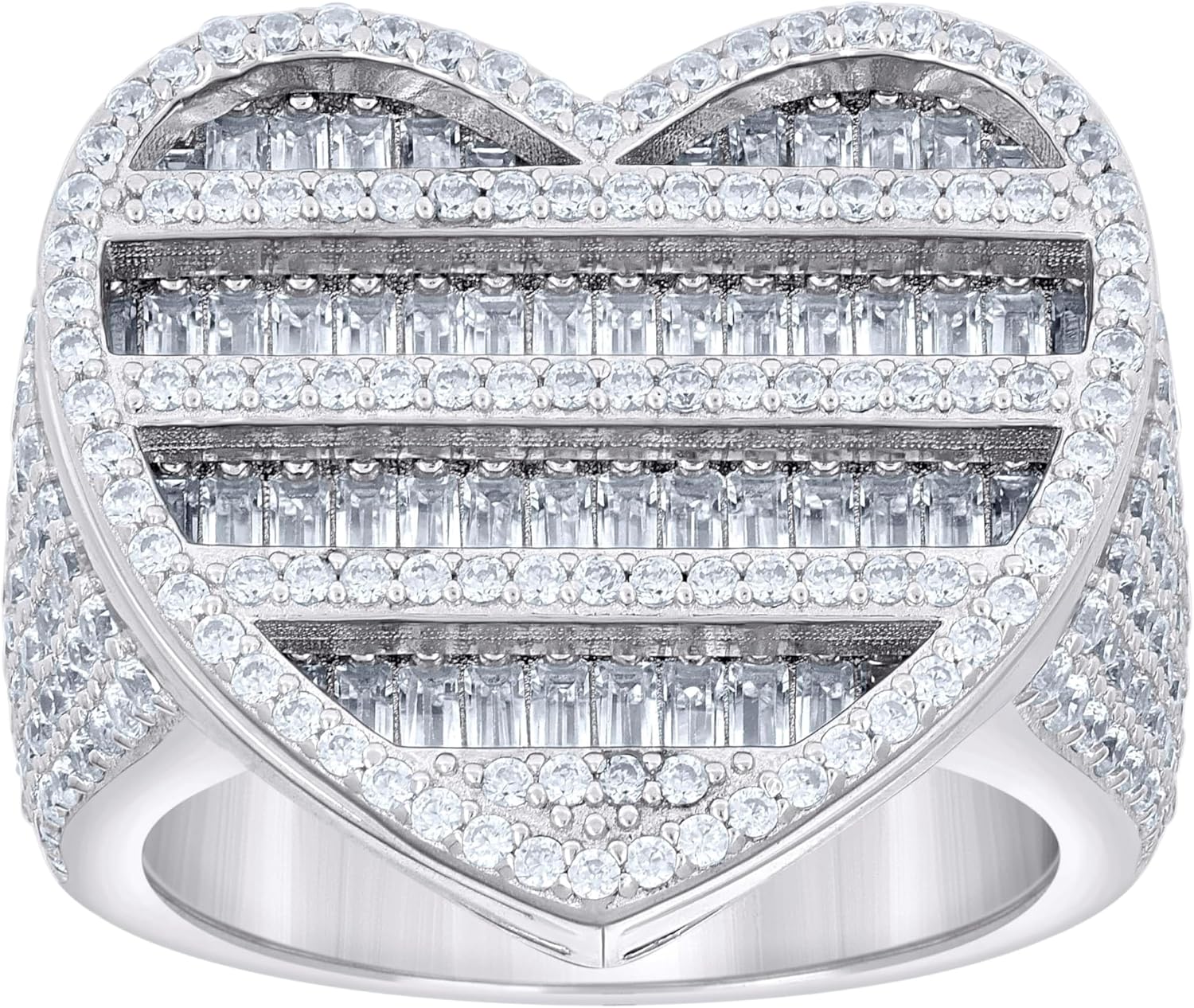 Jewels By Lux Sterling Silver Women's Round Baguette Cubic-Zirconia Cluster Heart Bridal Anniversary Wedding Engagement Band Ring