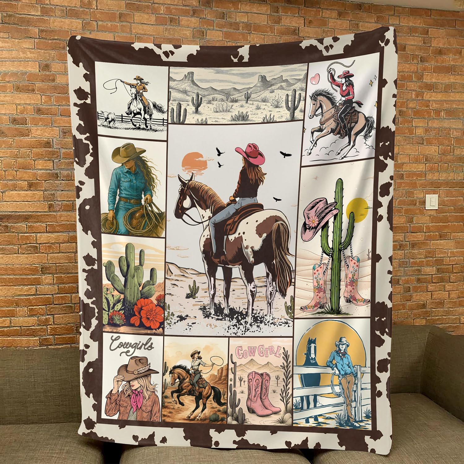 Cowgirl Collage Western Throw Blanket, Rustic Country Farmhouse Cow Print Fleece Blanket, Soft Cozy Flannel Wild West Rodeo Horse Blanket for Couch, Bed, or Living Room Decor (50"x60")