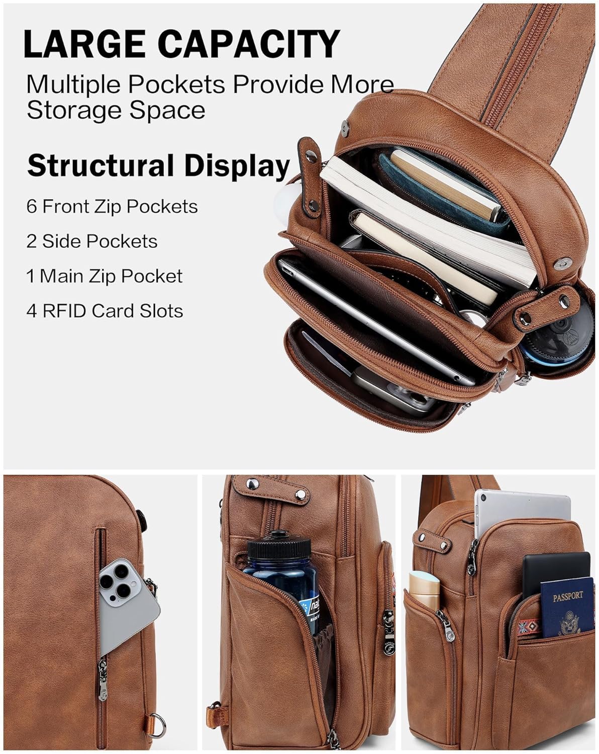 FADEON Large Sling Bag for Women, Designer Leather Crossbody Purse Convertible Sling Backpack, Anti Theft Daypack for Travel - Image 6