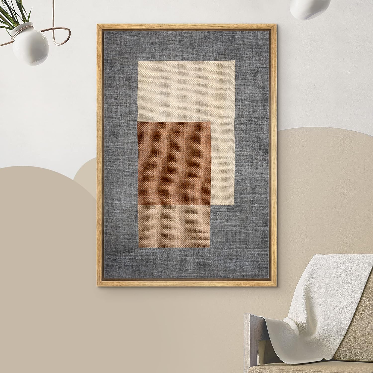 IDEA4WALL Framed Canvas Print Wall Art Mid-Century Brown & Blue Blocks Abstract Geometric Illustrations Modern Art Minimalism Shapes Multicolor Boho for Living Room, Bedroom, Office - 24"x36" Natural