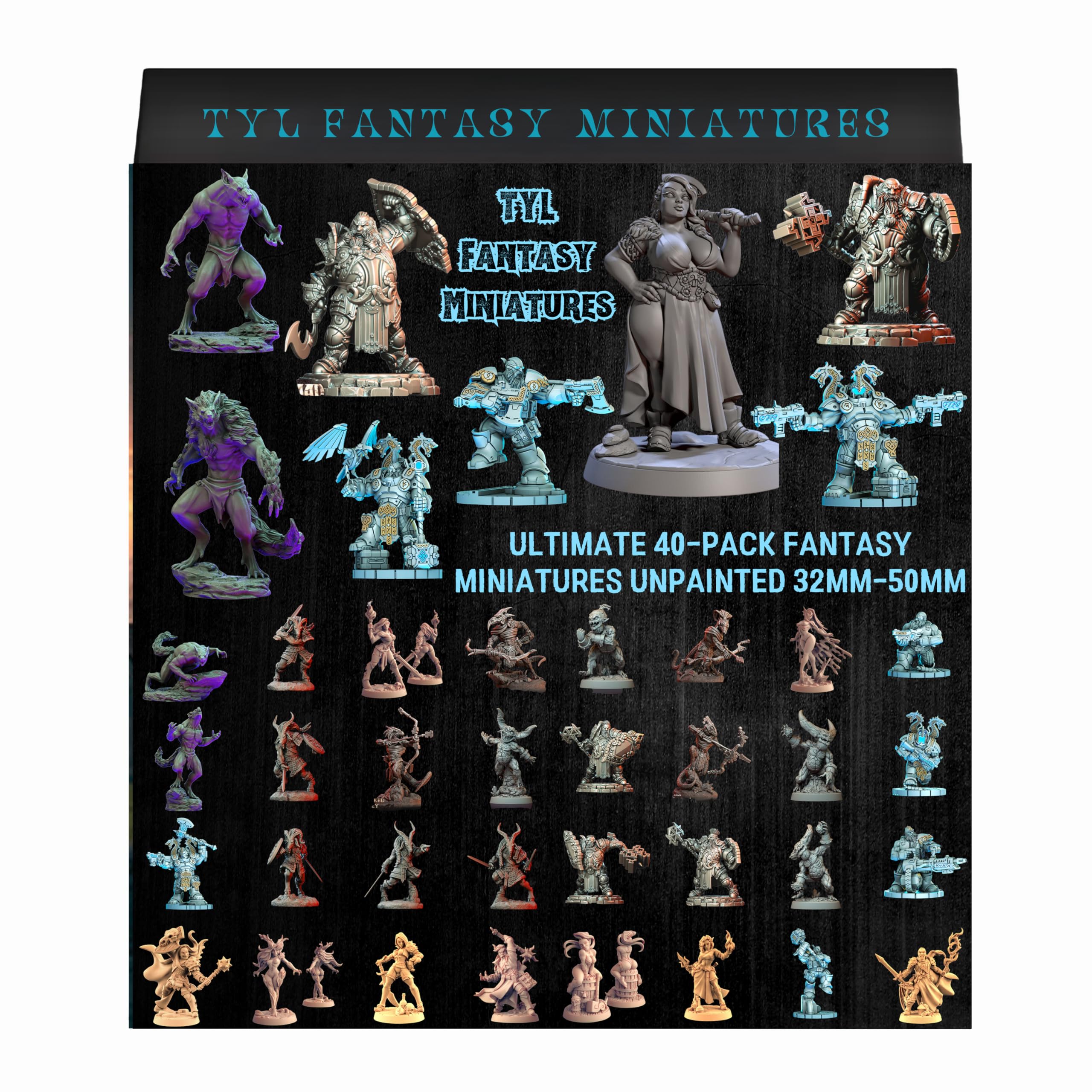 Ultimate 40-Pack Fantasy Miniatures – Unpainted Resin Miniatures for Dungeon Masters & Painters – Premium 32mm Scale Figures