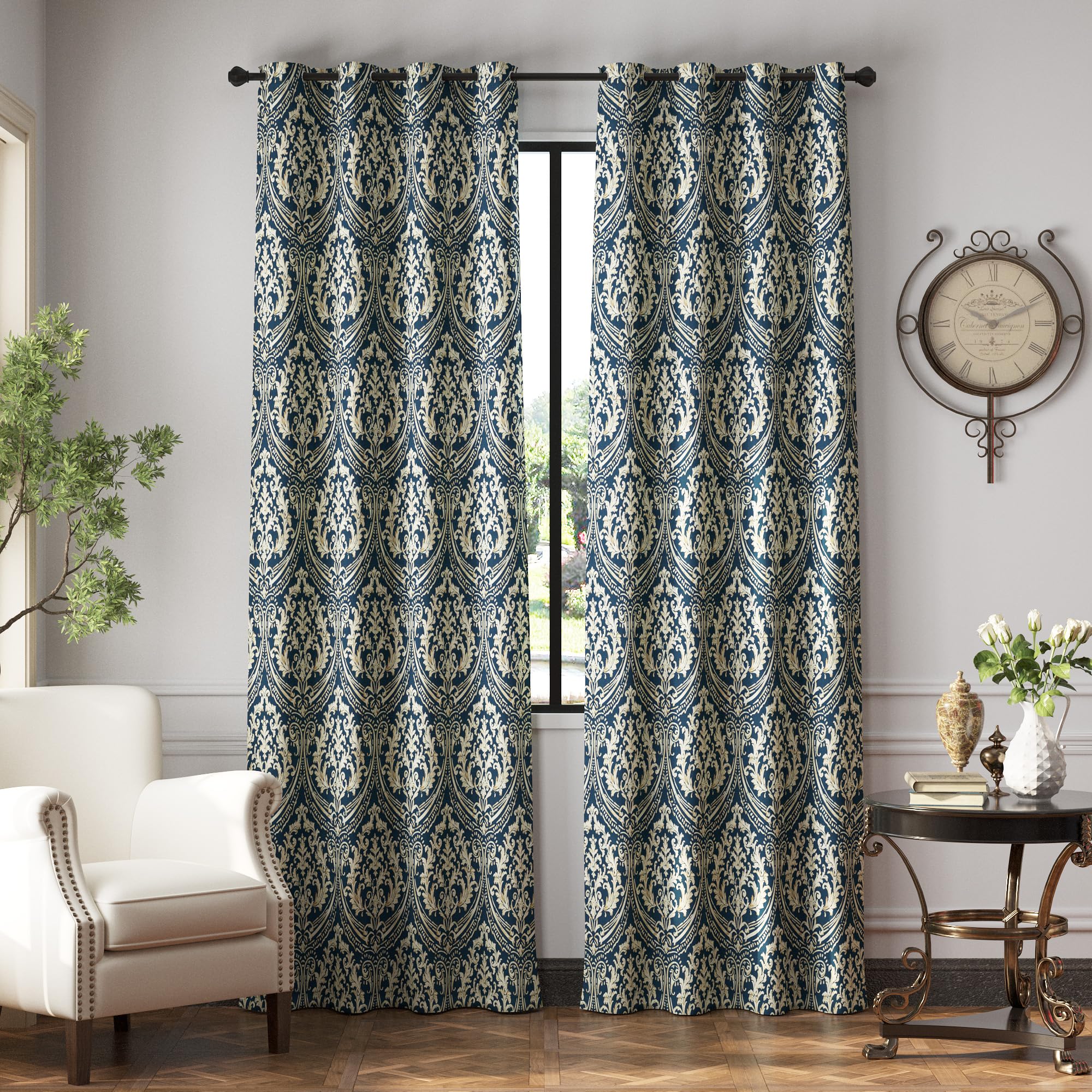 JINCHAN 100% Blackout Curtains for Bedroom, Blue Damask Patterned Curtains 84 Inch Length for Living Room, Vintage Medallion Art Deco Drapes, Thermal Insulated Grommet Window Treatments, 2 Panels Blue
