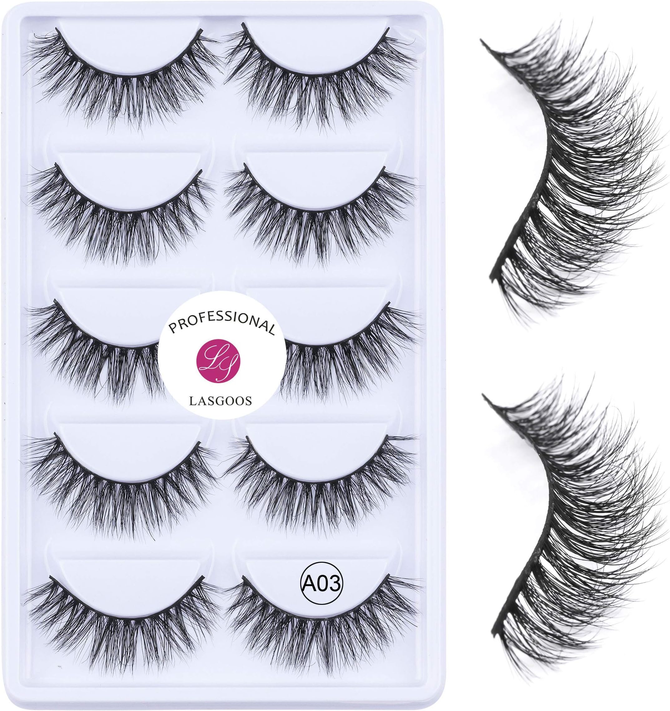 Luxurious Mink 3D False Eyelash LASGOOS Design Natural Look Messy Cross Multi-Pack Fake Eye Lashes for Eye Makeup 5 Pairs/Box (A03)