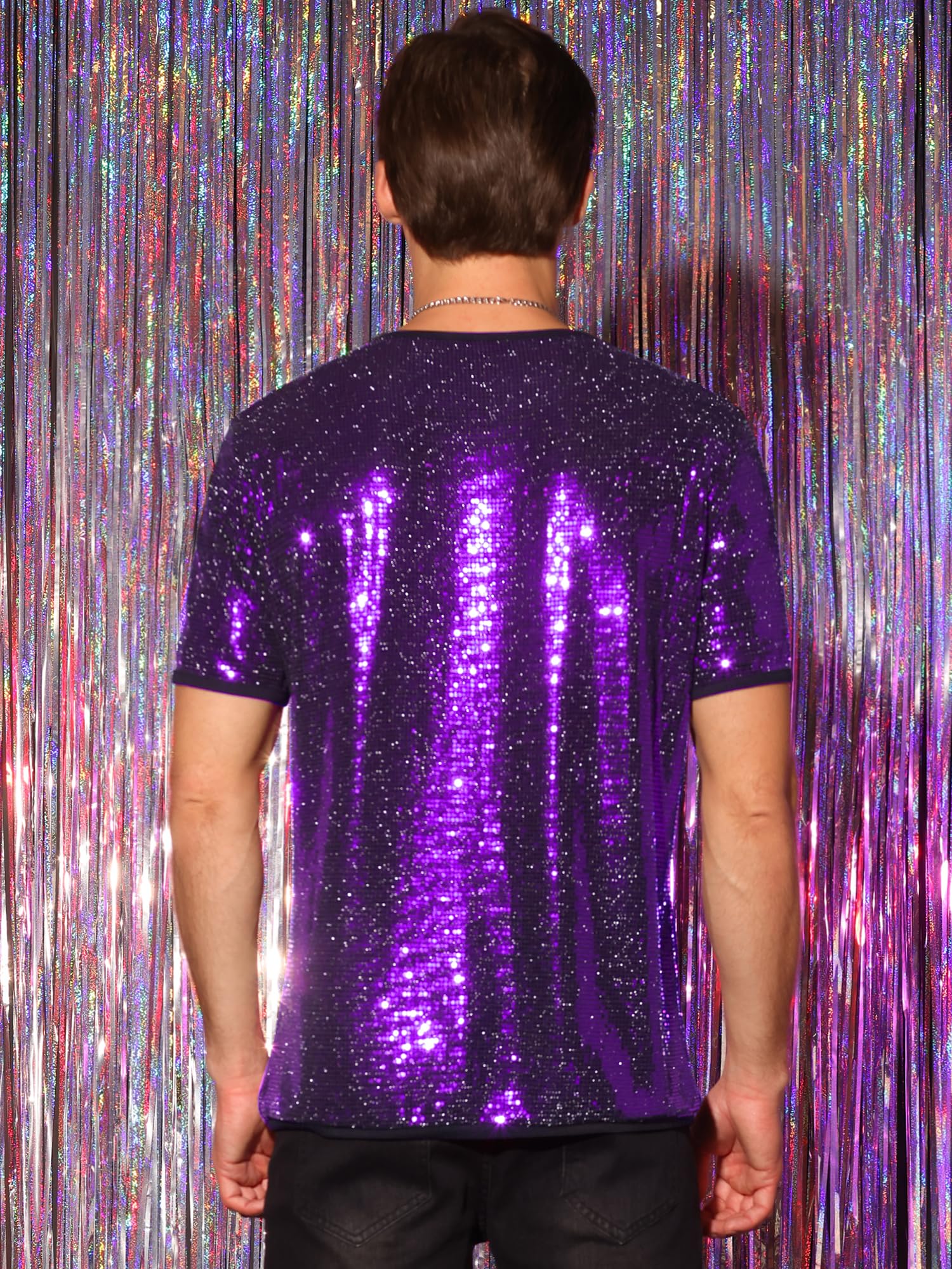 Lars Amadeus Camicie con paillettes da uomo a maniche corte girocollo magliette per feste in discoteca