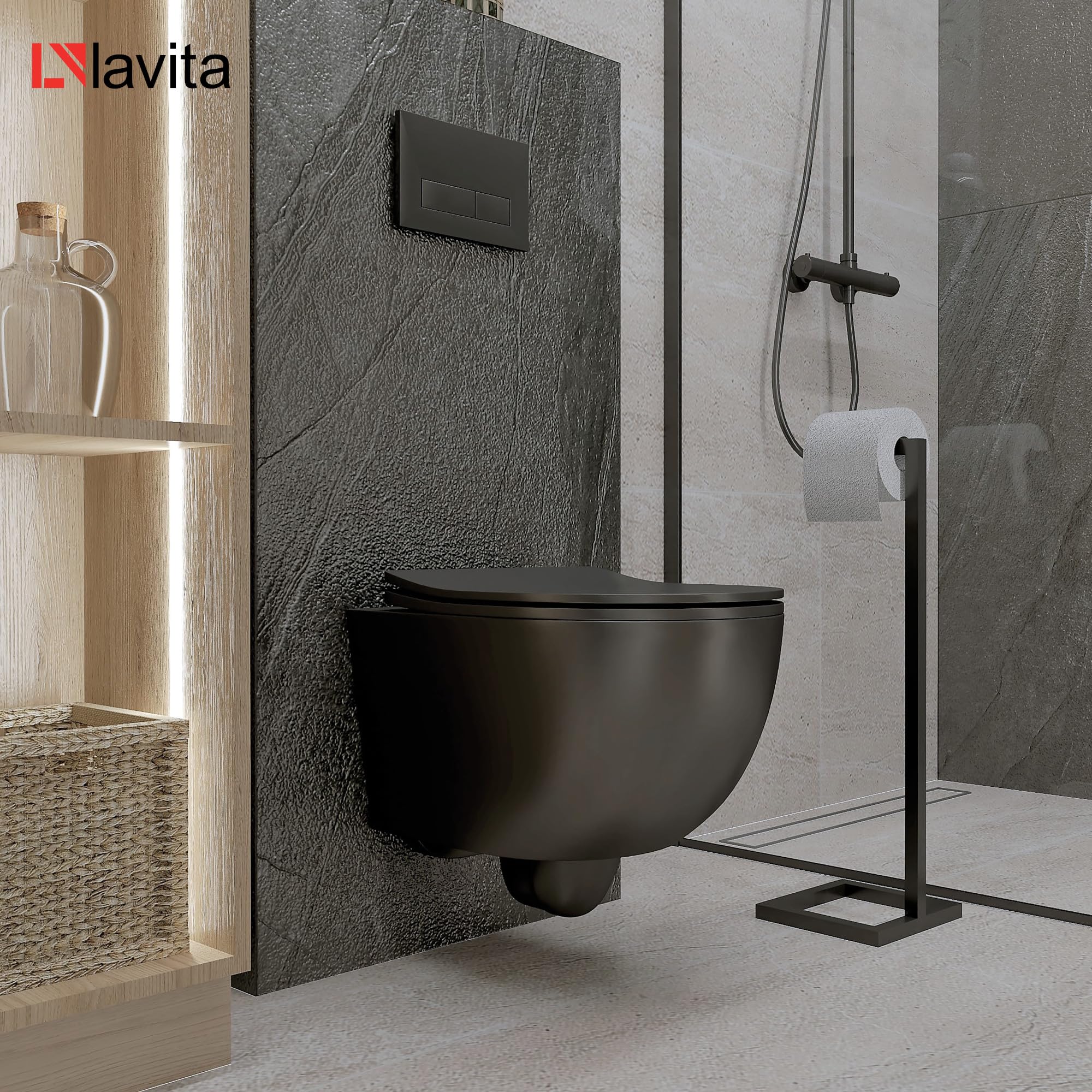 LAVITA WC sospeso Brava Black Sedile WC con chiusura ammortizzata e cerniere in metallo WC senza brida WC sospeso 360x480x375 mm Nero