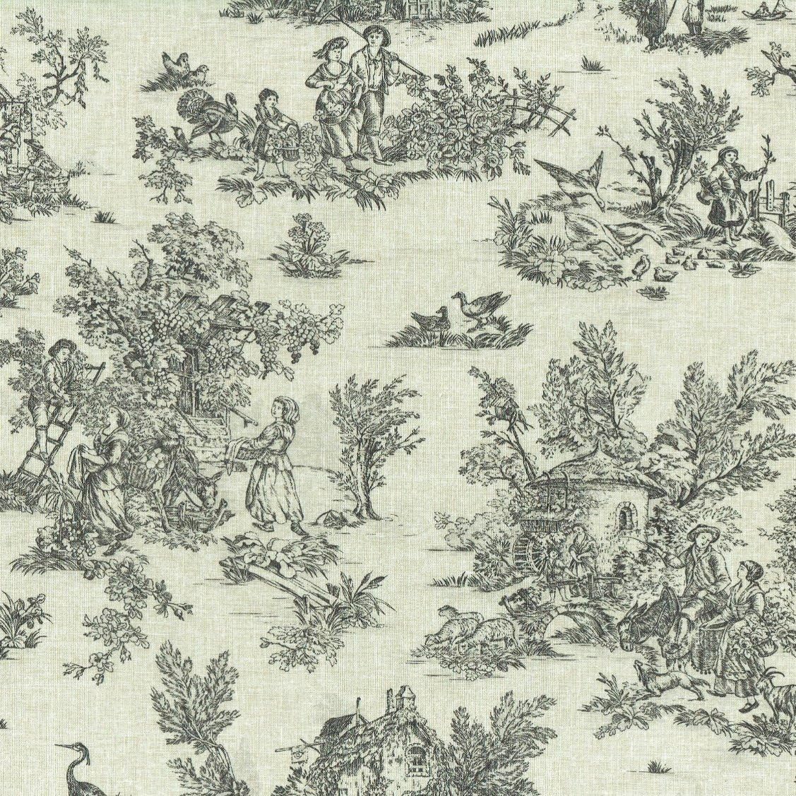 Mini Toile de Jouy Fabric (La Vie Rustique) - Anthracite Grey on a soft, linen-look base cloth | 100% Cotton Designer Print | 155 cm (61 inches) wide | Per half metre (0.5m) length increment*