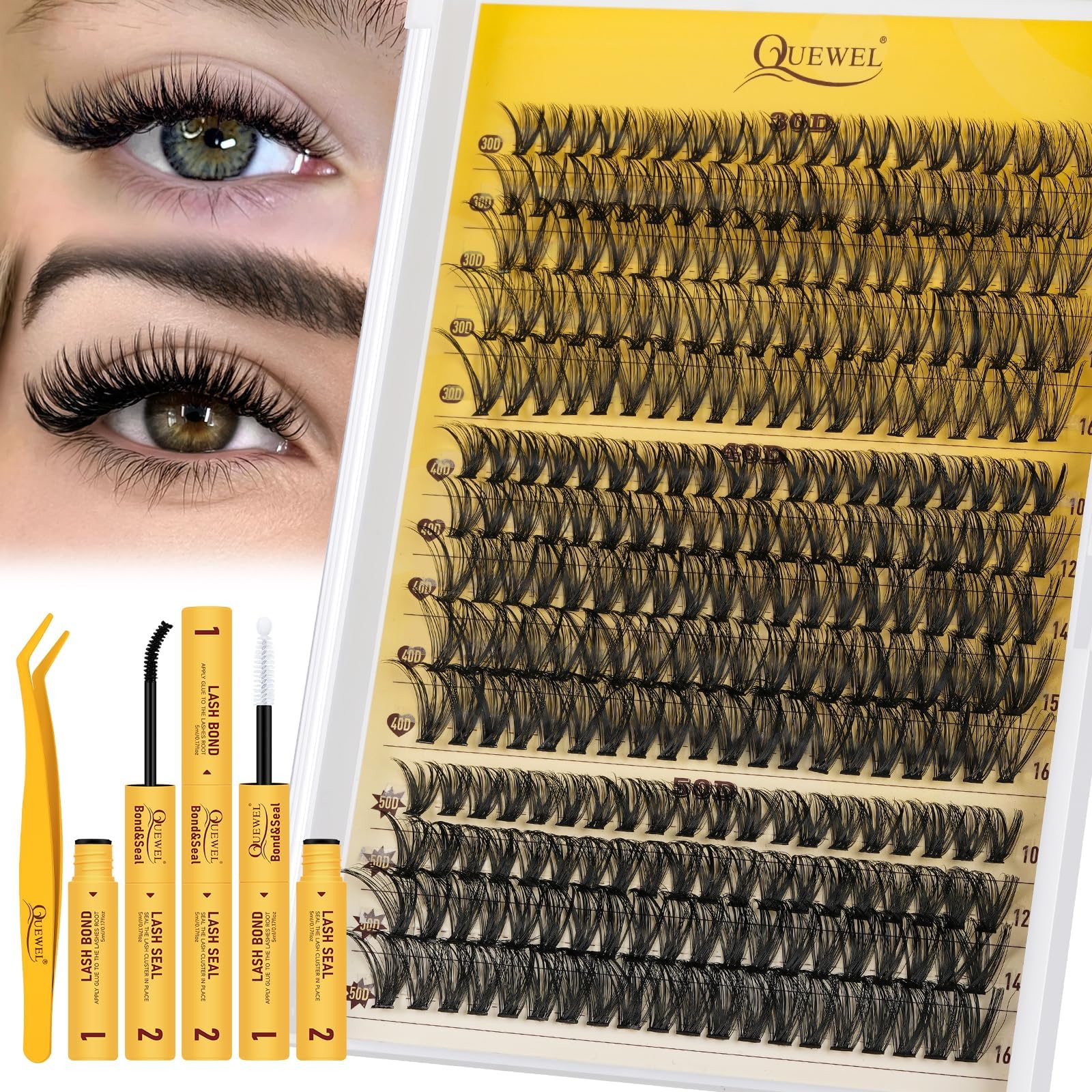 QUEWEL Clusters-Lashes Kit 30+40+50D Lash Clusters Mixed 10-16mm, D Curl Eyelashes-Individual Kit with Waterproof Lash Bond and Seal, and Lash Tweezer DIY at Home for Beginner(30D+40D+50D-KIT)