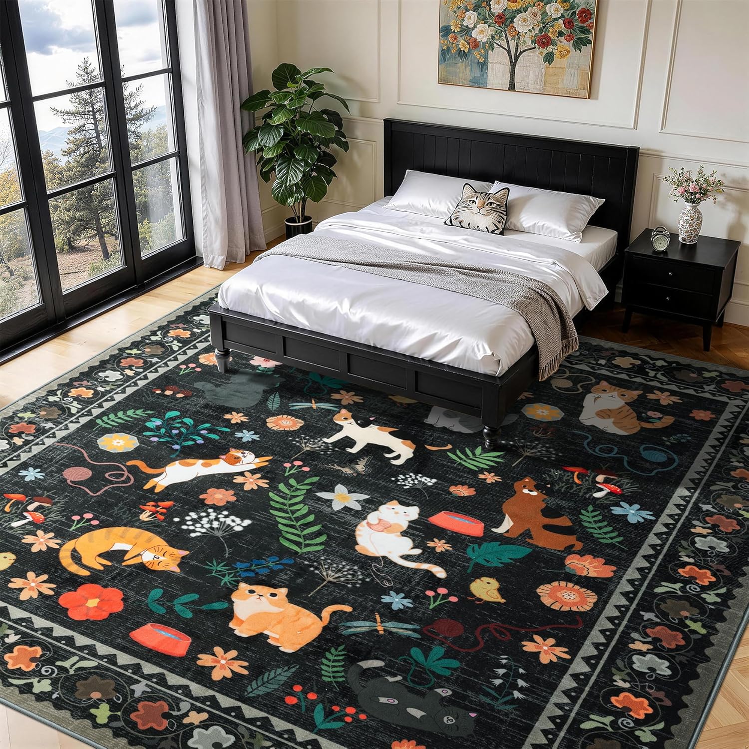 LIANLAM 8x10 Cat Lover's Area Rug, Washable Large Rug with Artistic Feline Design for Living Room & Bedroom, Pet Friendly Non-Slip Soft Carpet, Stain Resistant & Easy Clean(8x10,Black)