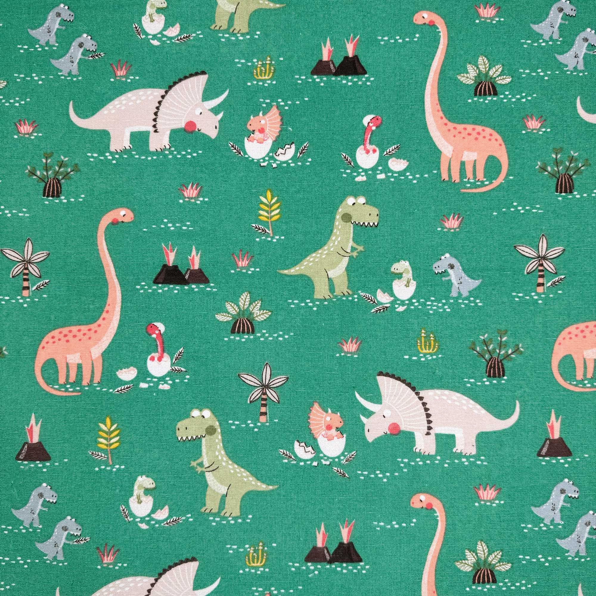 Novelty Designer Prints Cotton Rich Linen Look Quilting Craft Project Cushion Curtain Furnishing Upholstery Home Fabric Material | 55" - 140 cm Wide (per Metre, Dino World Green)