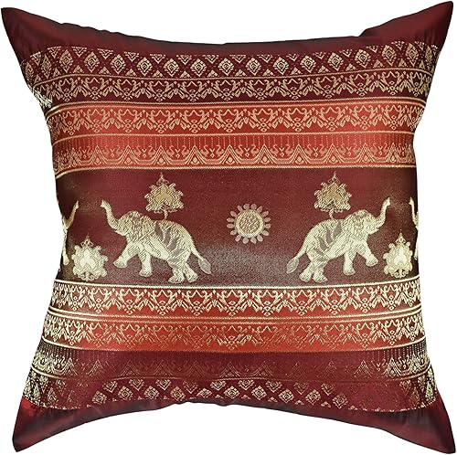 Miniatura 2 de AeraVida Juego de fundas de cojín de seda con diseño de elefantes tailandeses de vino tinto | Elegantes fundas de almohada decorativas para el hogar
