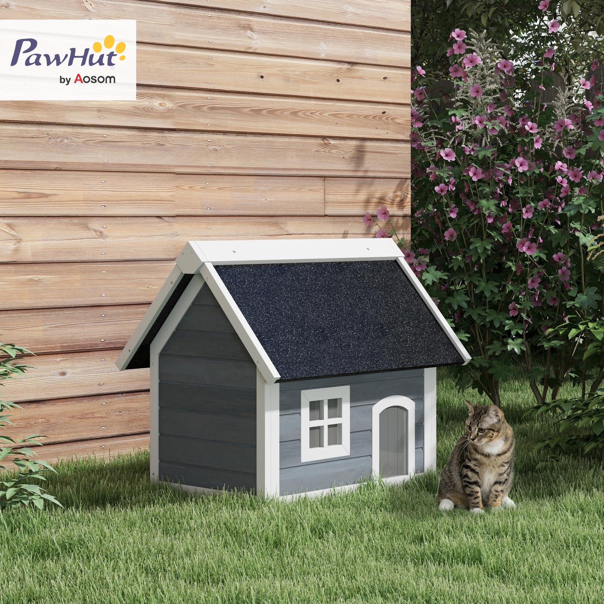 PawHut Casa para Gatos de Madera con Techo Asfáltico Abatible, Ventana y Puertas con Cortina, 77x57,5x68 cm Gris y Negro