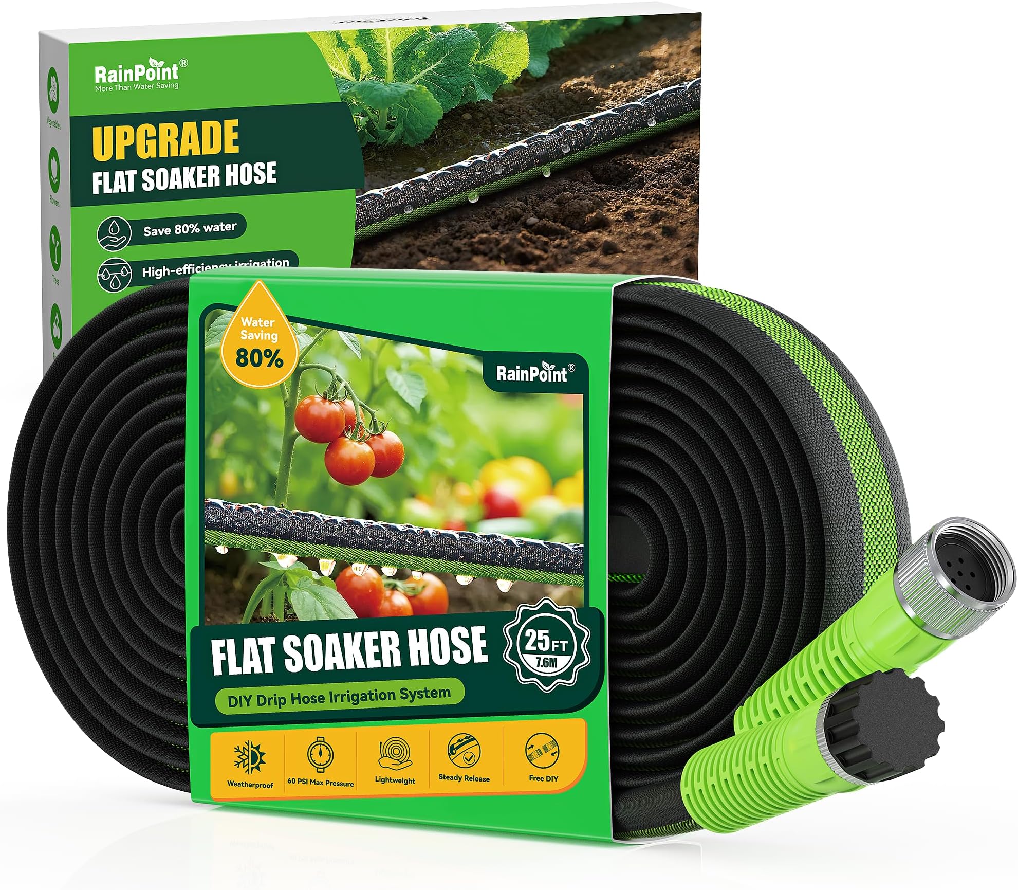RAINPOINT Soaker Hose 25FT, 80% Water-Saving Flat Drip Hose, Leakproof and Flexible with Anodized Aluminum Ends, Double Layer Gardening Irrigation Hoses for Gardens, Vegetables and Trees, Green