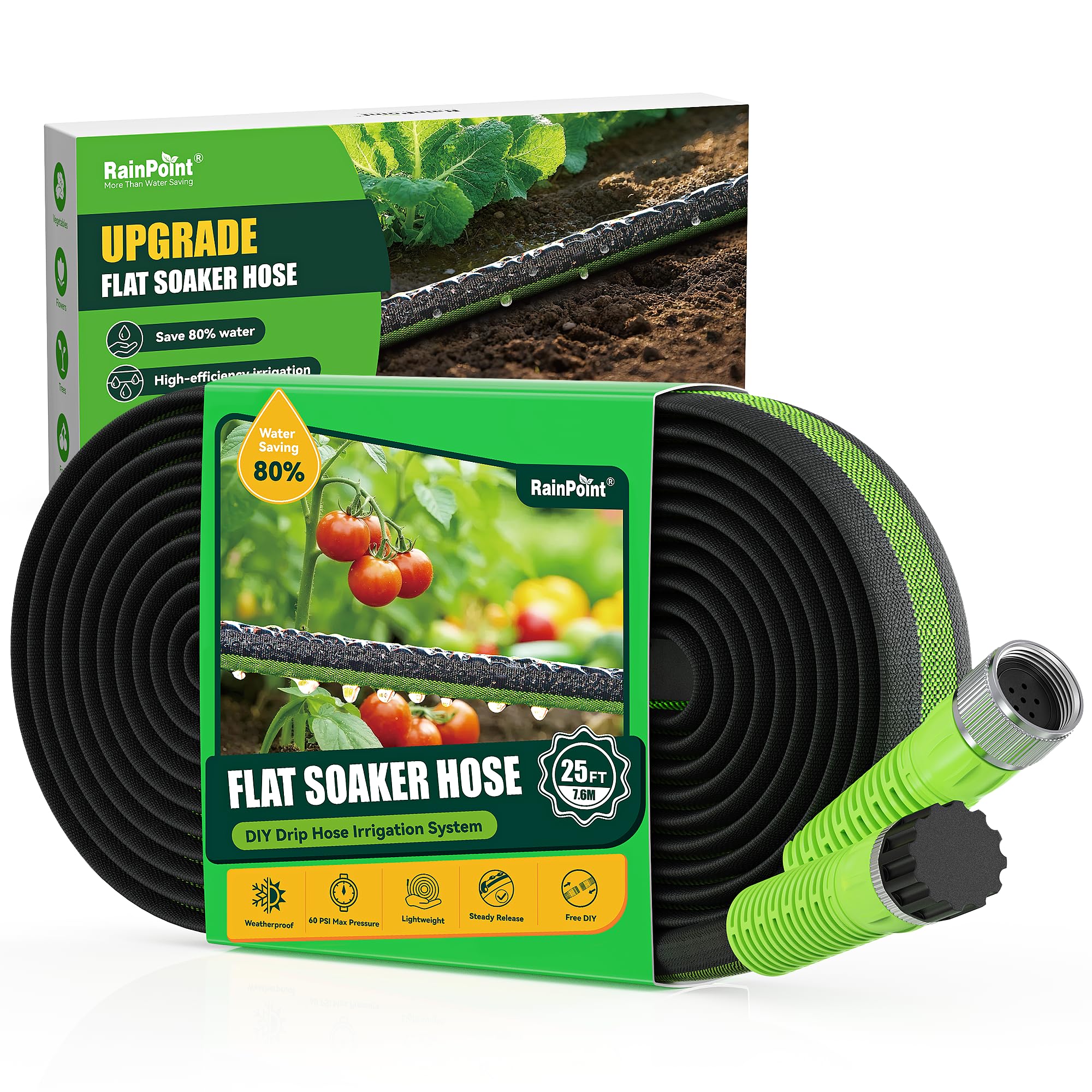 RAINPOINT Soaker Hose 25FT, 80% Water-Saving Flat Drip Hose, Leakproof and Flexible with Anodized Aluminum Ends, Double Layer Gardening Irrigation Hoses for Gardens, Vegetables and Trees, Green
