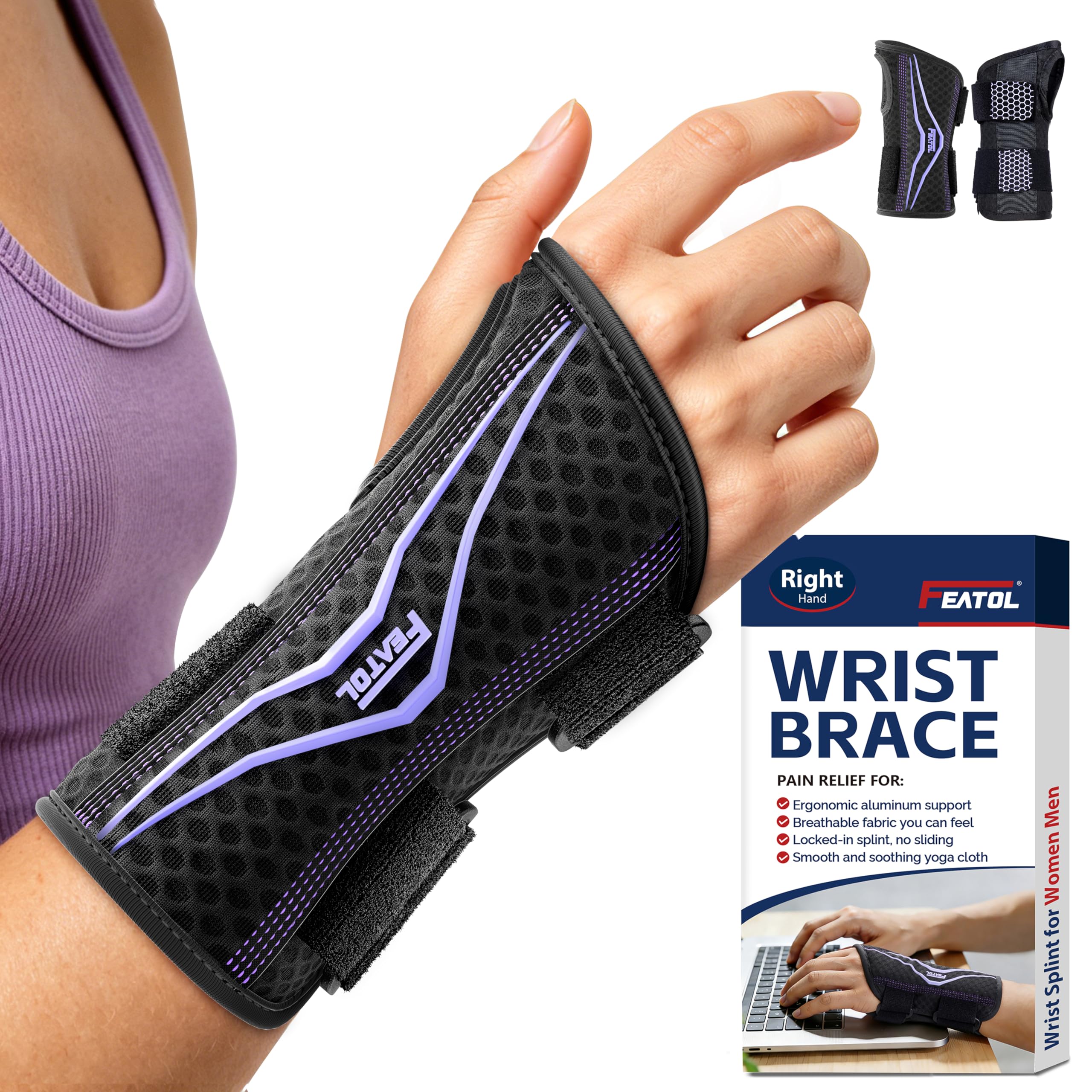 FEATOL Wrist Brace with Ergonomic Wrist Splint Right Hand