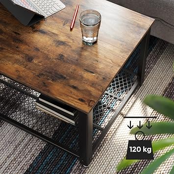 Vasagle Coffee Table, 2 Tiers Living Room Table, Grill Shelf, TV Table, Metal Frame, Adjustable Feet, For Living Room, Industrial Style, Vintage Brown/Black Lct61X