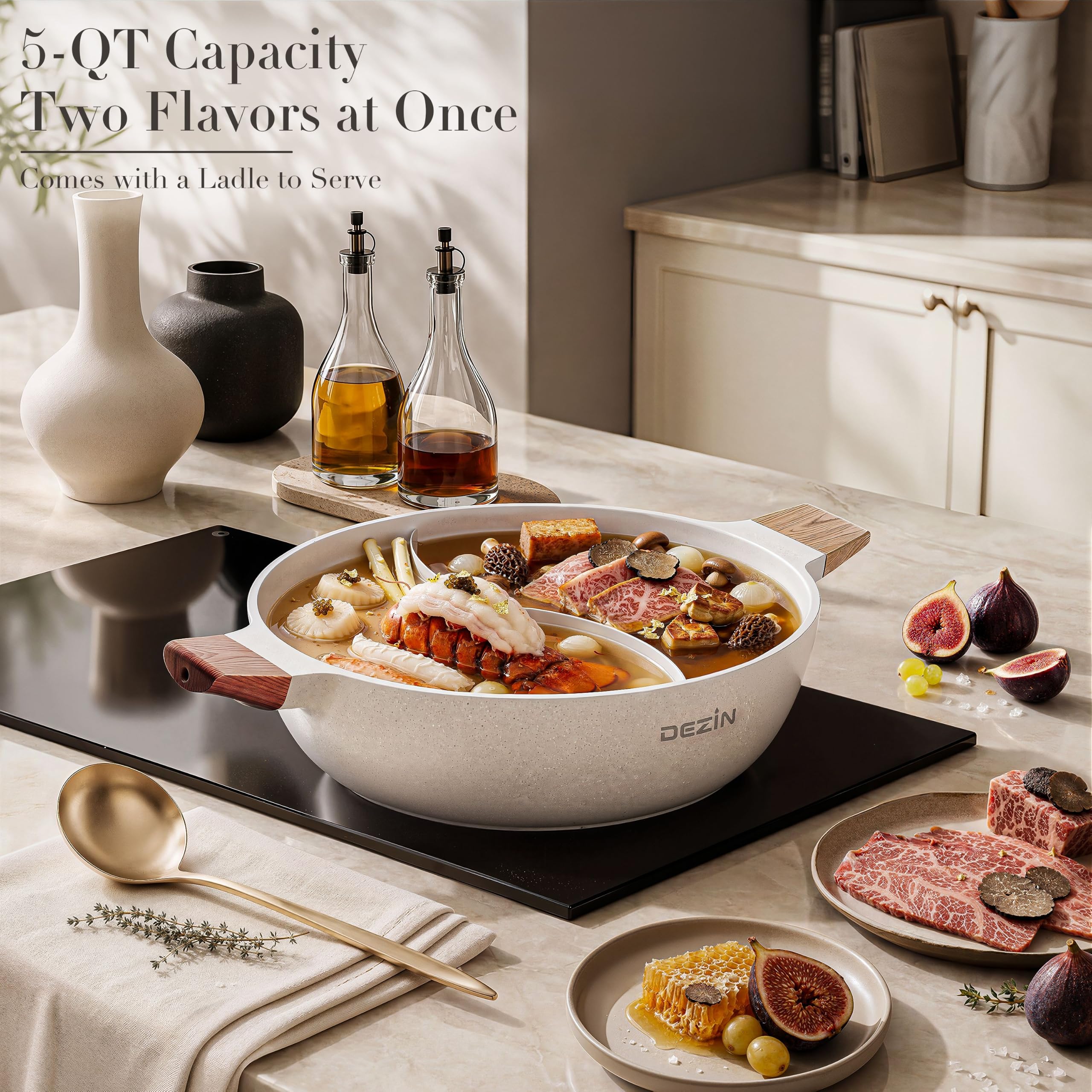 Dezin Marmite Shabu de 5 L à Double Saveur Avec Séparateur, Casserole Antiadhésive Double Face, Marmite Divisée de 30,5 cm Pour la Cuisine, Casserole Pour Plaque à Induction