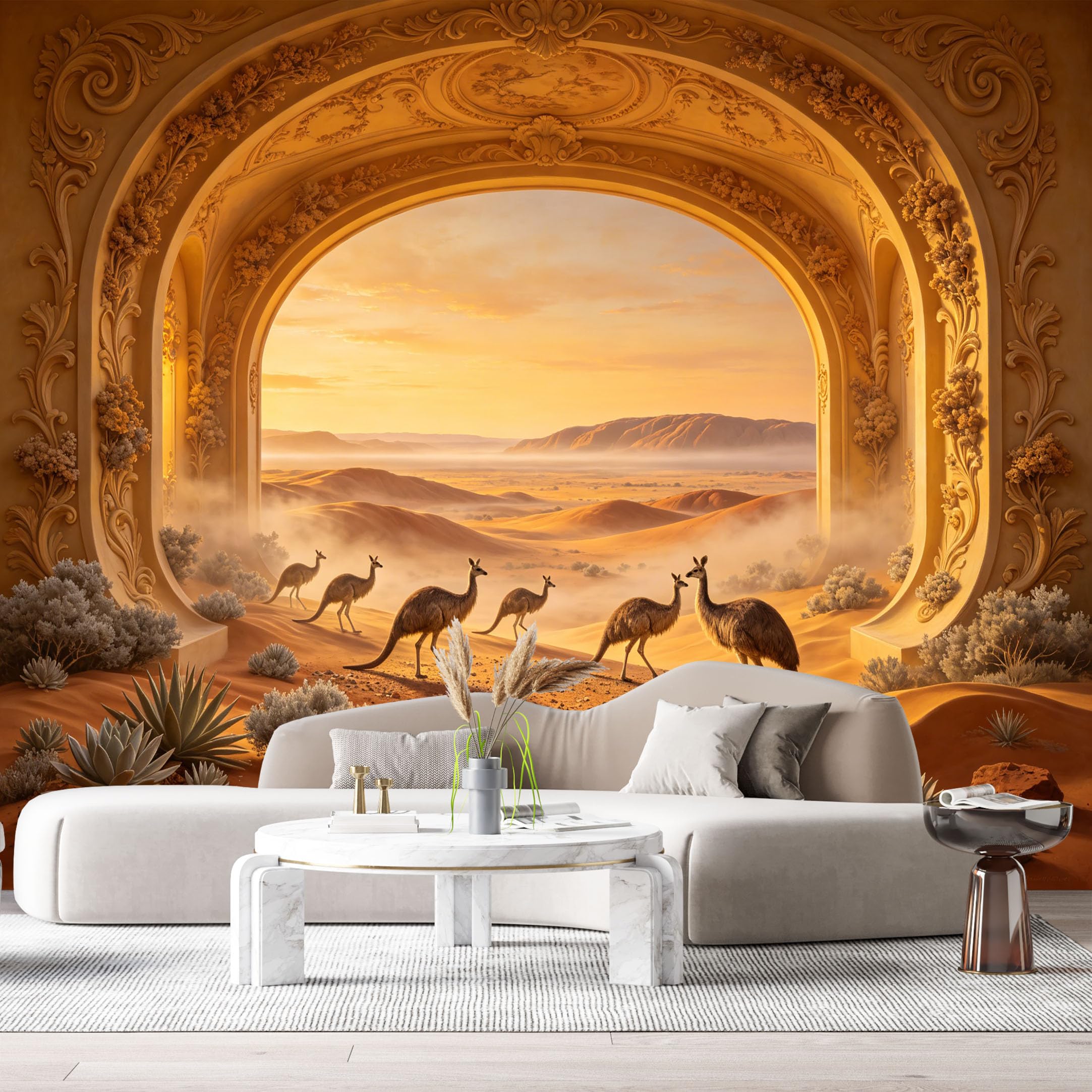 Custom Size Wall Murals Australia Outback Kangaroo Sunset Archway 3D Trompe L'Oeil SelfAdhesiveWall Fabric Removable Wallpaper Wall Decor for Living Room Bedroom Bathroom