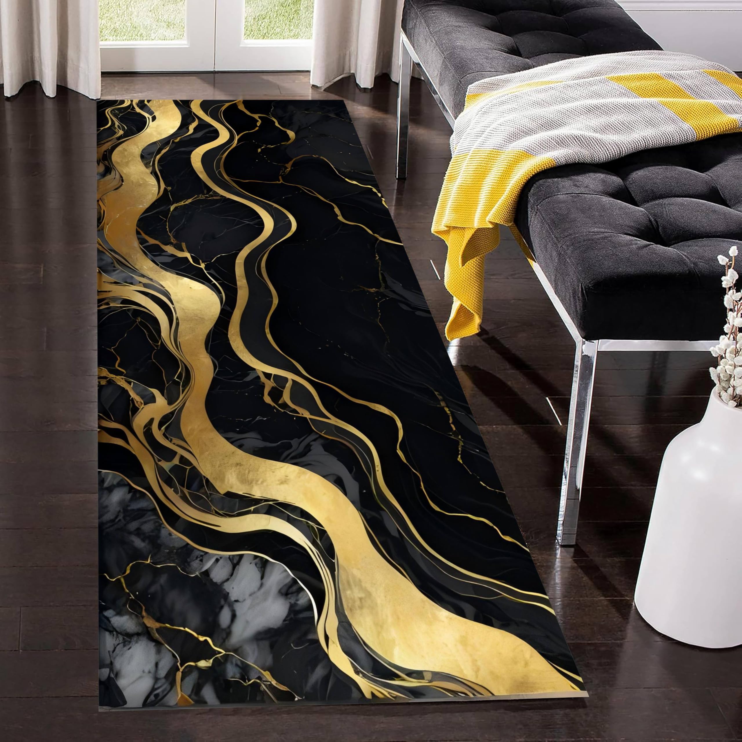 Luxury Marble Runner Hallway Rug, 65x240cm Simple Modern Black Gold Marble Carpet, Soft and Comfortable Home Interior Decoration Rugs With Non-Slip Rubber Backing Low Pile Carpets