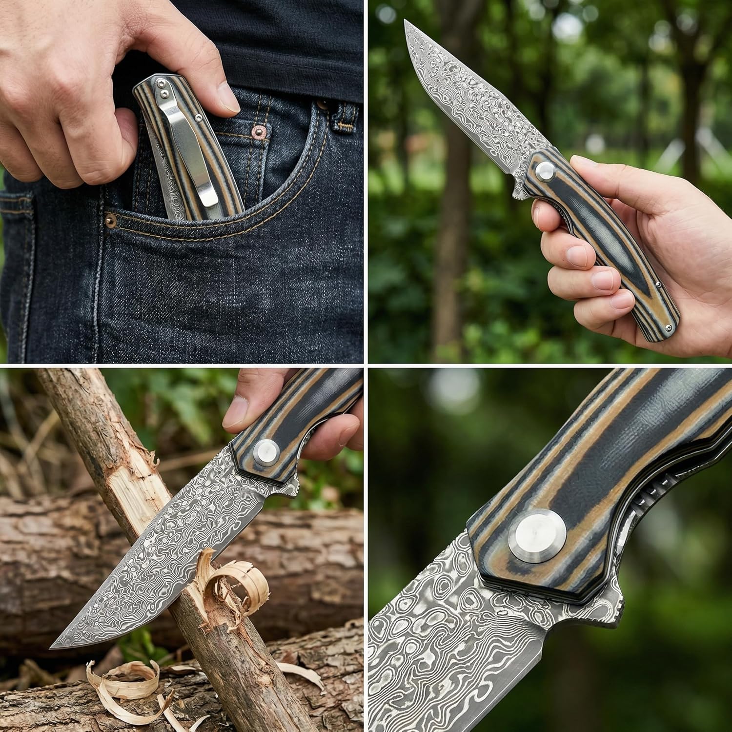 Damascus Steel Folding Pocket Knife, 3.74" VG10 Blade for Men and Women, Two-Tone G10 Handle EDC Knife with Liner Lock for Outdoor Survival Camping Collection Hunting