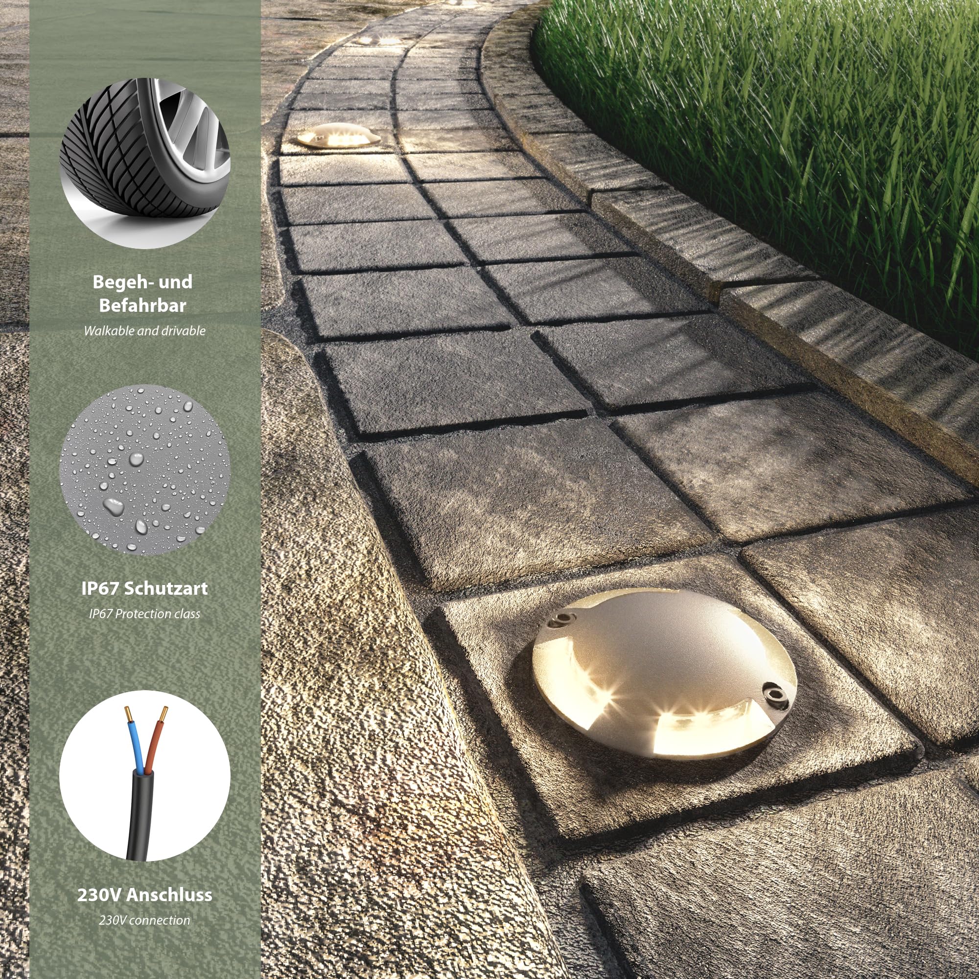 ledscom.de Lampada da pavimento a LED RUNDA per esterni, IP67, a 4 luci, in alluminio, rotonda, 70 mm Ø, bianco caldo, set di 10