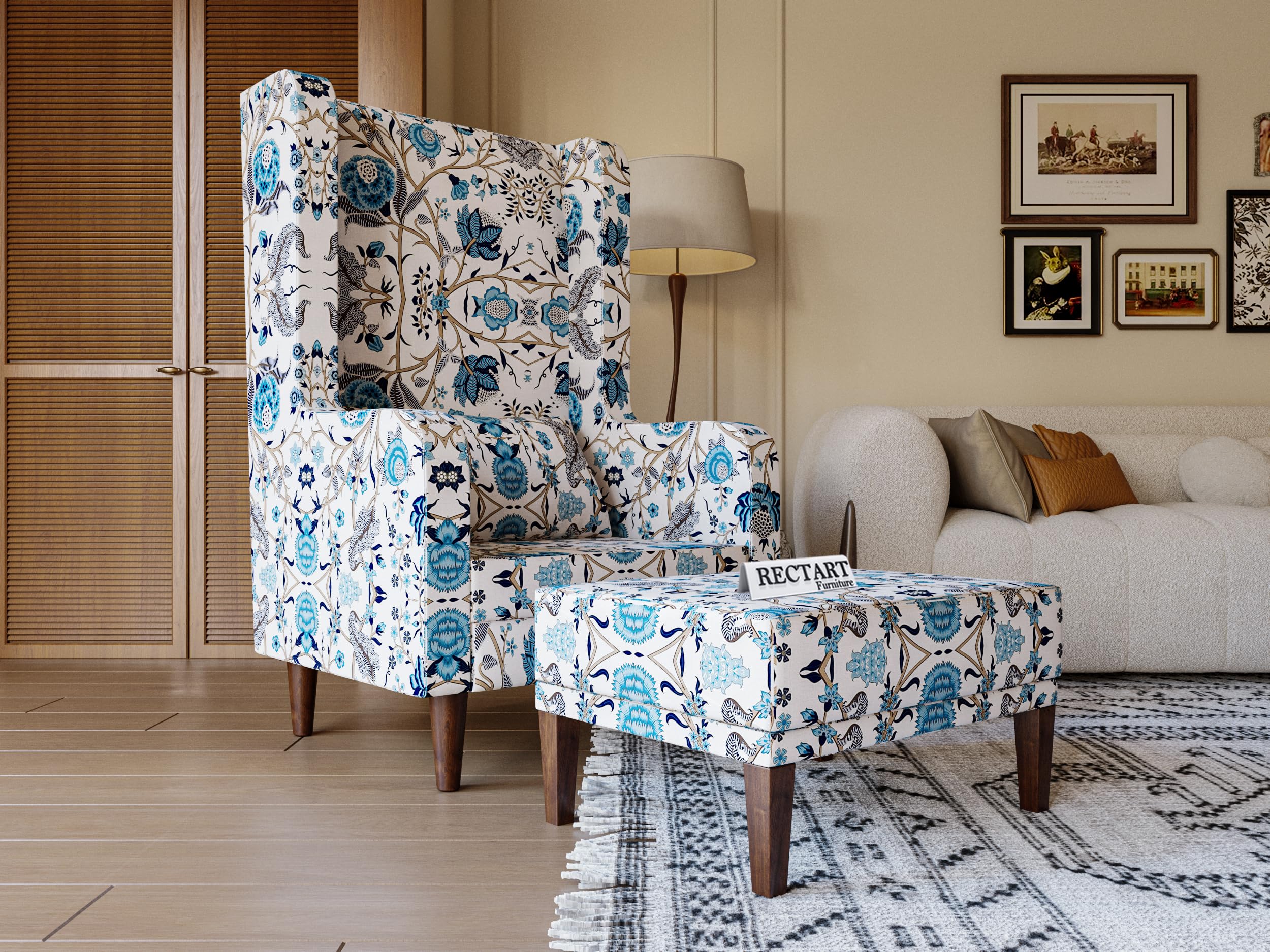 CARVING CUSTOMS Wooden Wing Chair with Ottoman | Wingback Chair for Living Room | Home Decor Furniture (White with Blue Print)-image-47