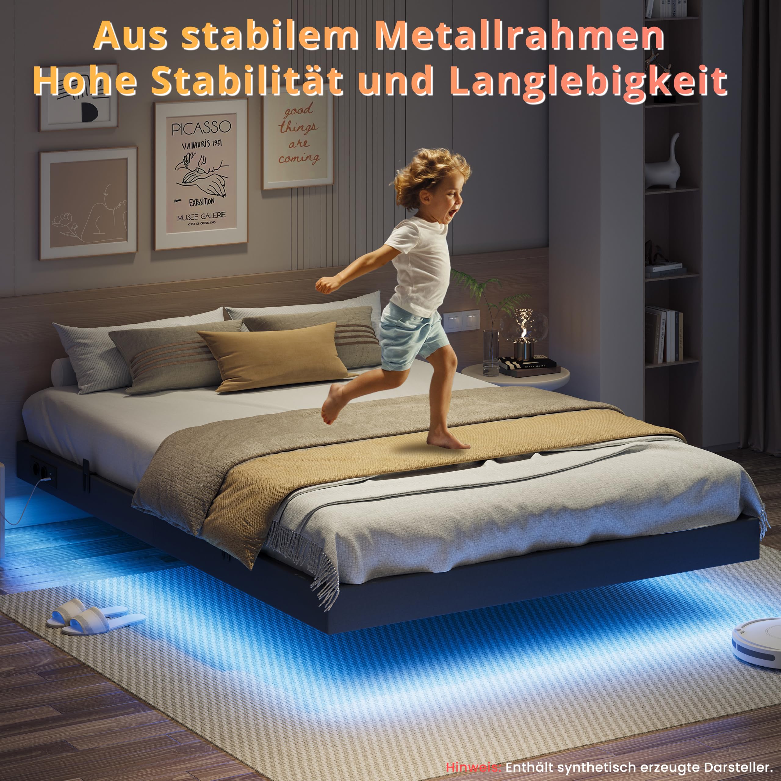 IRONCK Bettgestell 140x200 cm, Schwebender Bett mit LED Beleuchtung, Gepolsterte Seitenwände, 2 AC-Steckdosen, 2 USB-A-Anschluss, 1 USB-C-Anschluss, Metallbett mit Lattenrost Doppelbett, Grau