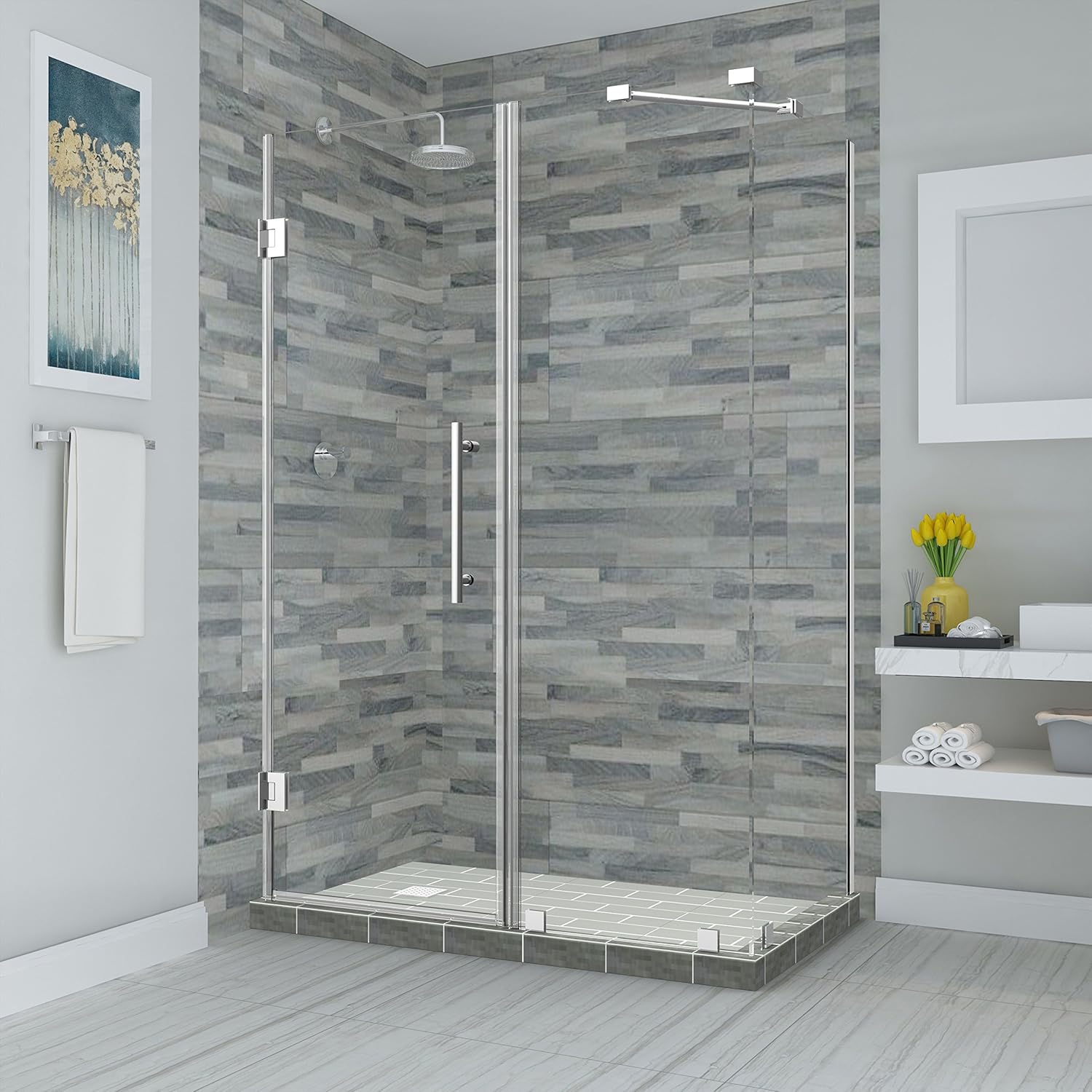 Aston SEN967EZ-SS-482636-10 Bromley Frameless Hinged Shower Enclosure with StarCast Clear Glass, 47.25" to 48.25" x 36.375" x 72", Stainless Steel