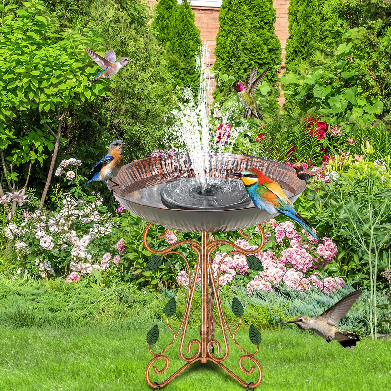 33 cm Durchmesser, Vintage-Vogeltränke aus Metall, Vogeltränke mit Gusseisen-Podest, großer antiker Vogelfutterspender für den Außenbereich, Garten, Terrasse, Dekor (Retro-Kupfer)