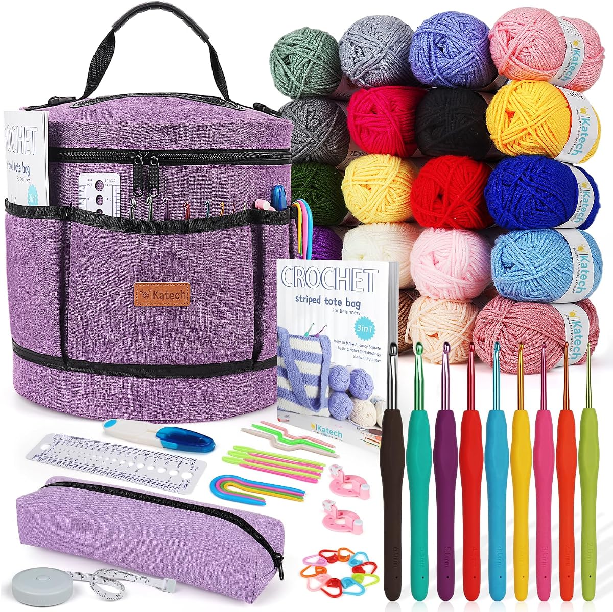 El kit de crochet Katech para principiantes, adultos y niños incluye todo lo que necesita | Los kits de crochet y tejido incluyen ganchos de crochet, bolsa de almacenamiento grande, hilo suave, instrucciones, suministros de crochet Compelet, regalo ideal