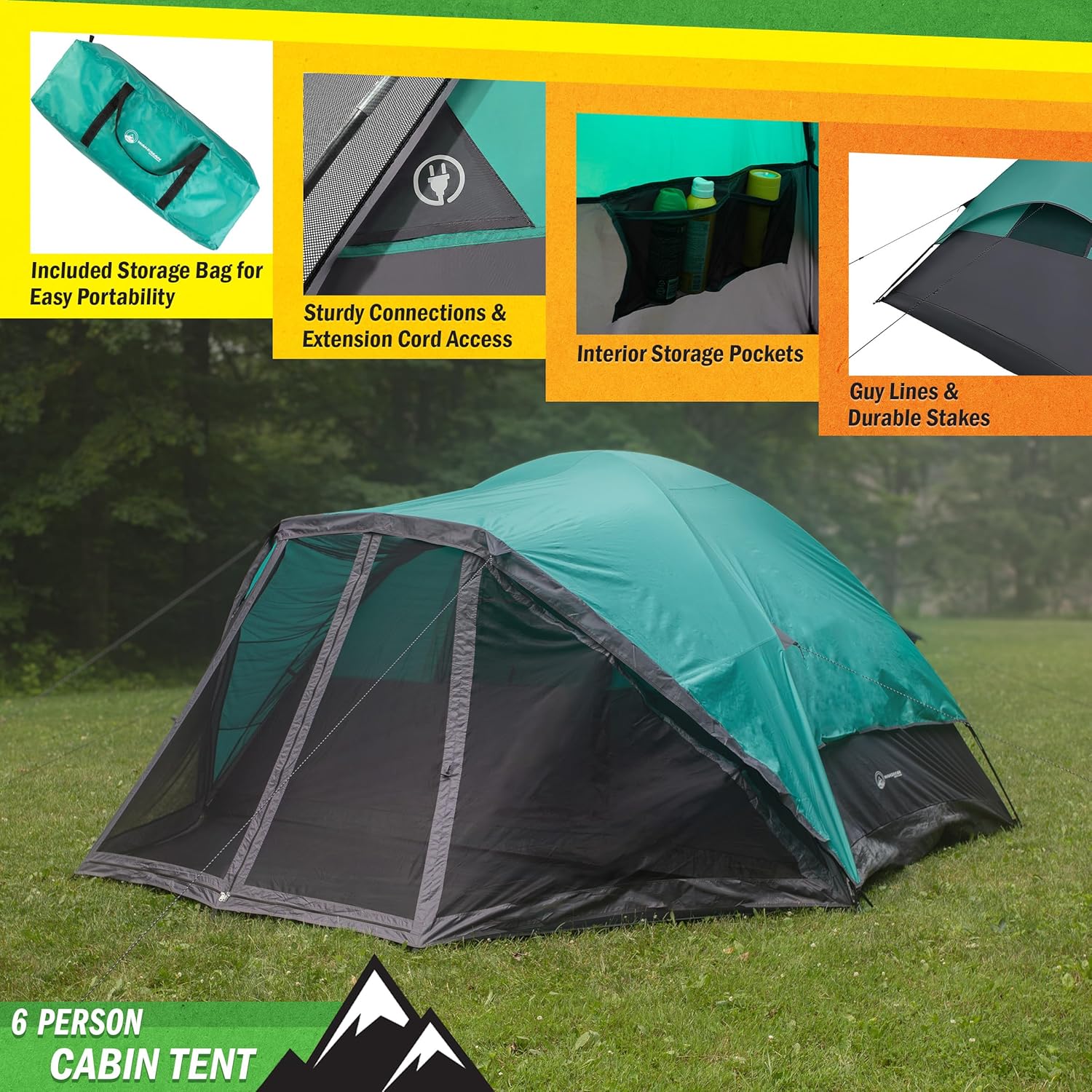 Camping Tent - Water-Resistant Cabin Style Outdoor Shelter with Built-in Screen Tent and Carrying Bag by Wakeman Outdoors