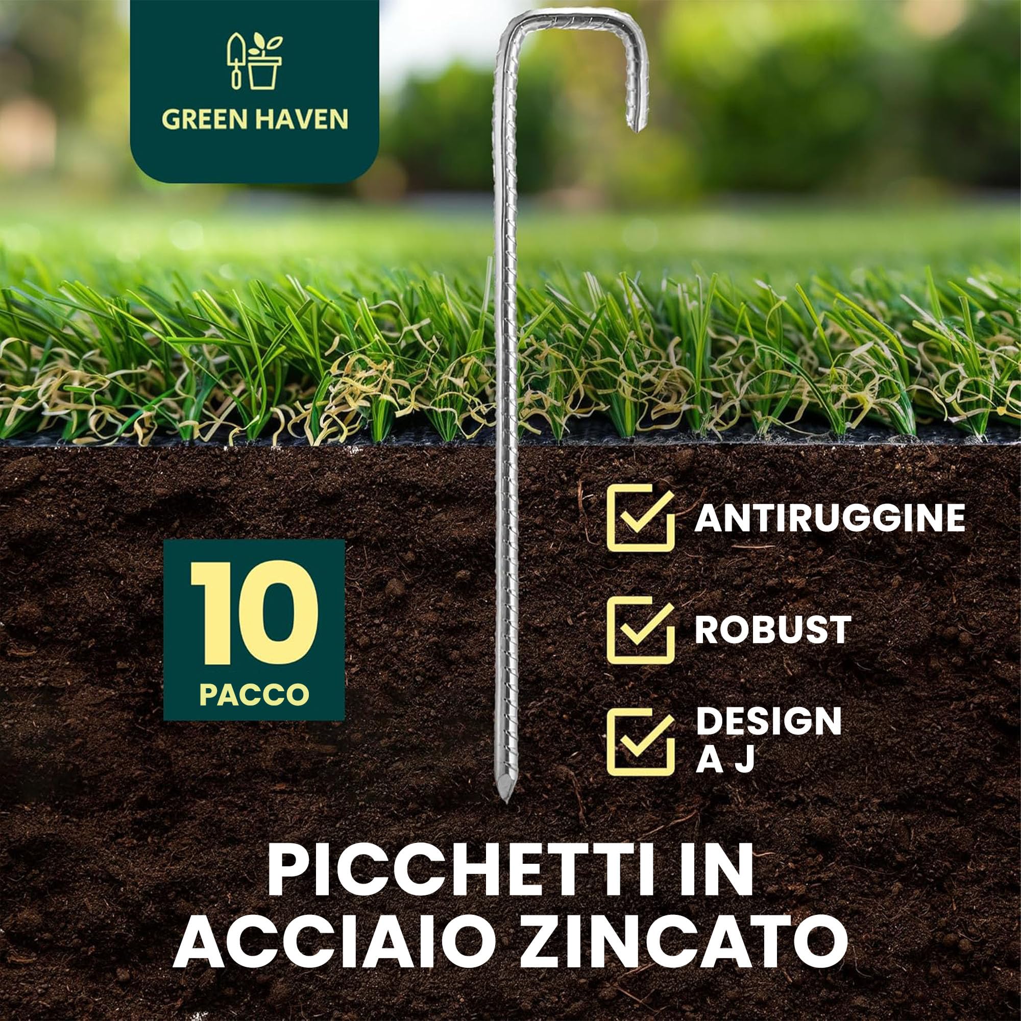 GREEN HAVEN Confezione da 10 picchetti per tenda ultra resistenti, extra spessi, in metallo, picchetti da campeggio, antiruggine, con perno a J spesso 8 mm, ideali per recinzioni agricole, campeggio,