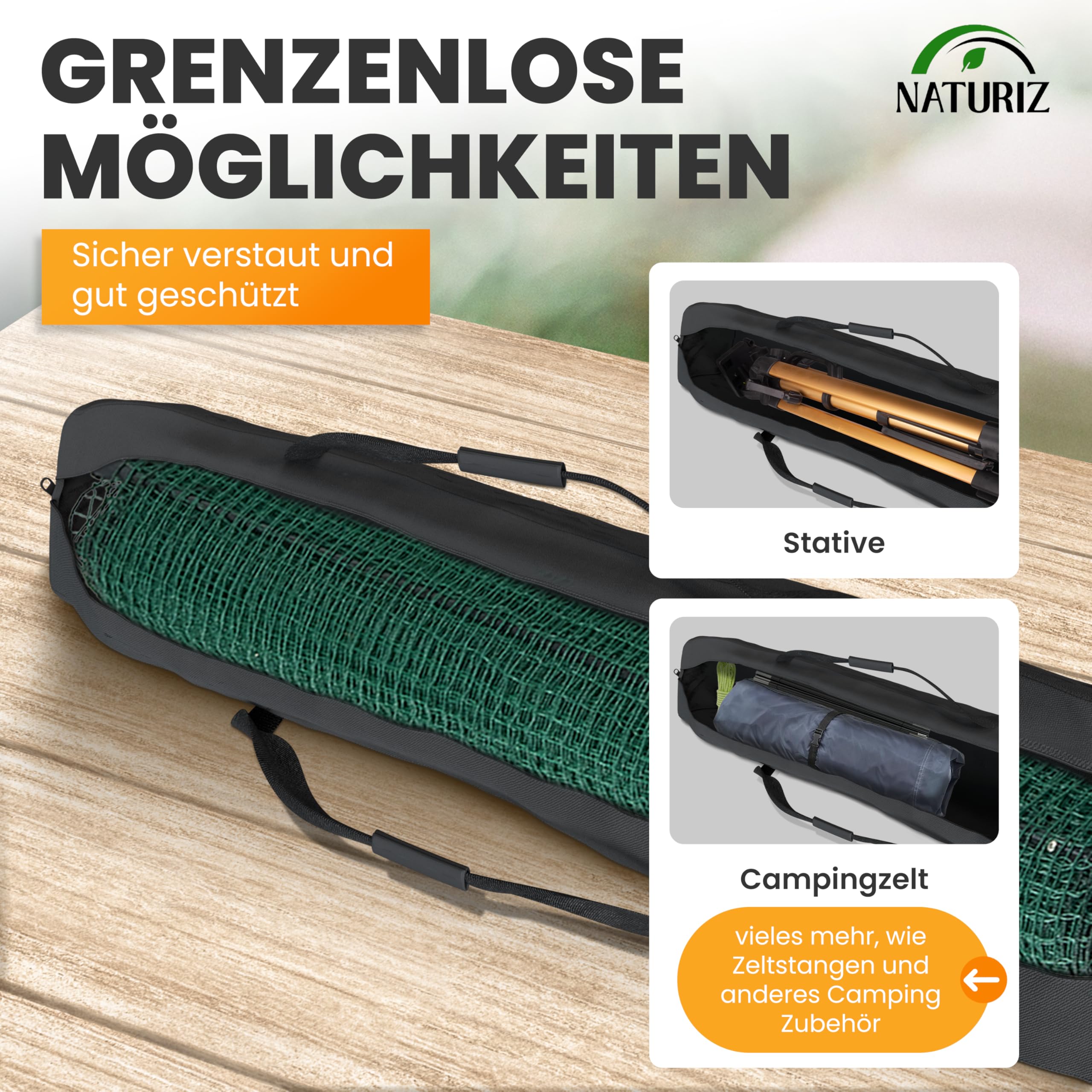 NATURIZ® Premium Zauntasche für 15 bis 25 m – vielseitig einsetzbar als Camping Tasche, Zelttasche oder Weidezaun Tasche mit 900D Oxford (125x20x18cm)